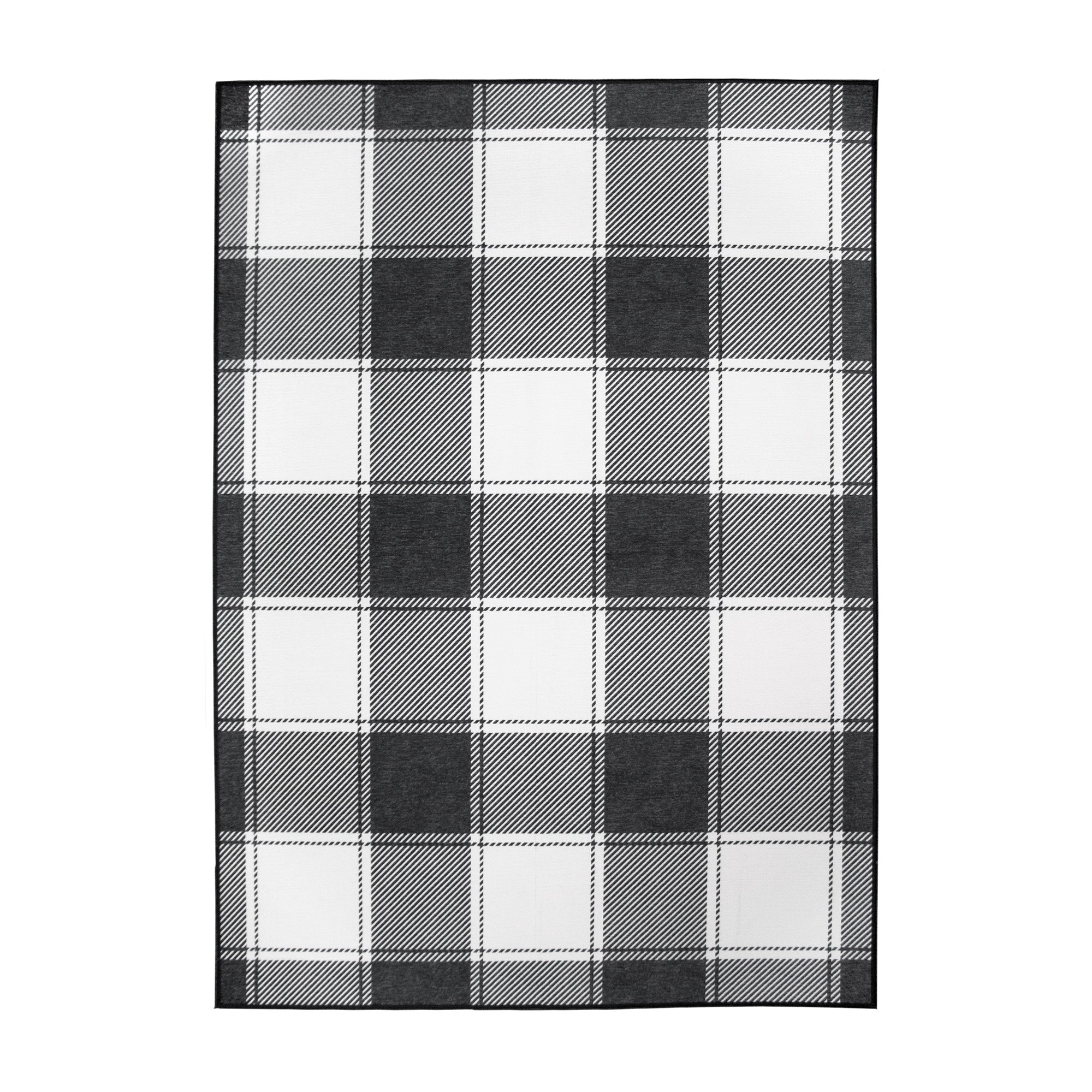 Buffalo Plaid Black and White Dining Room Washable Rug