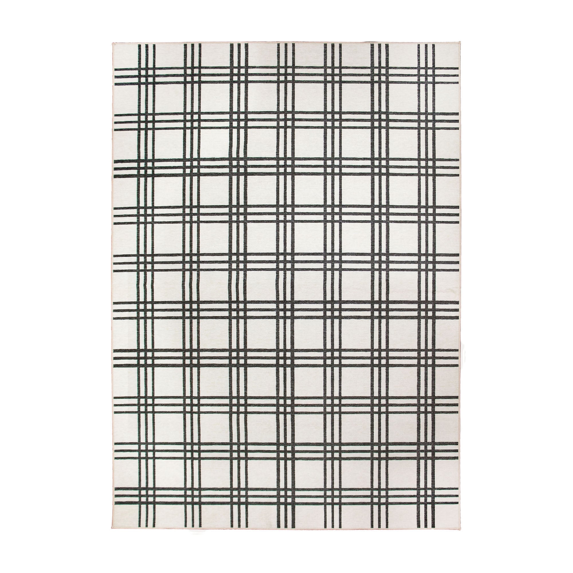 Plaid Black and Cream Dining Room Washable Rug