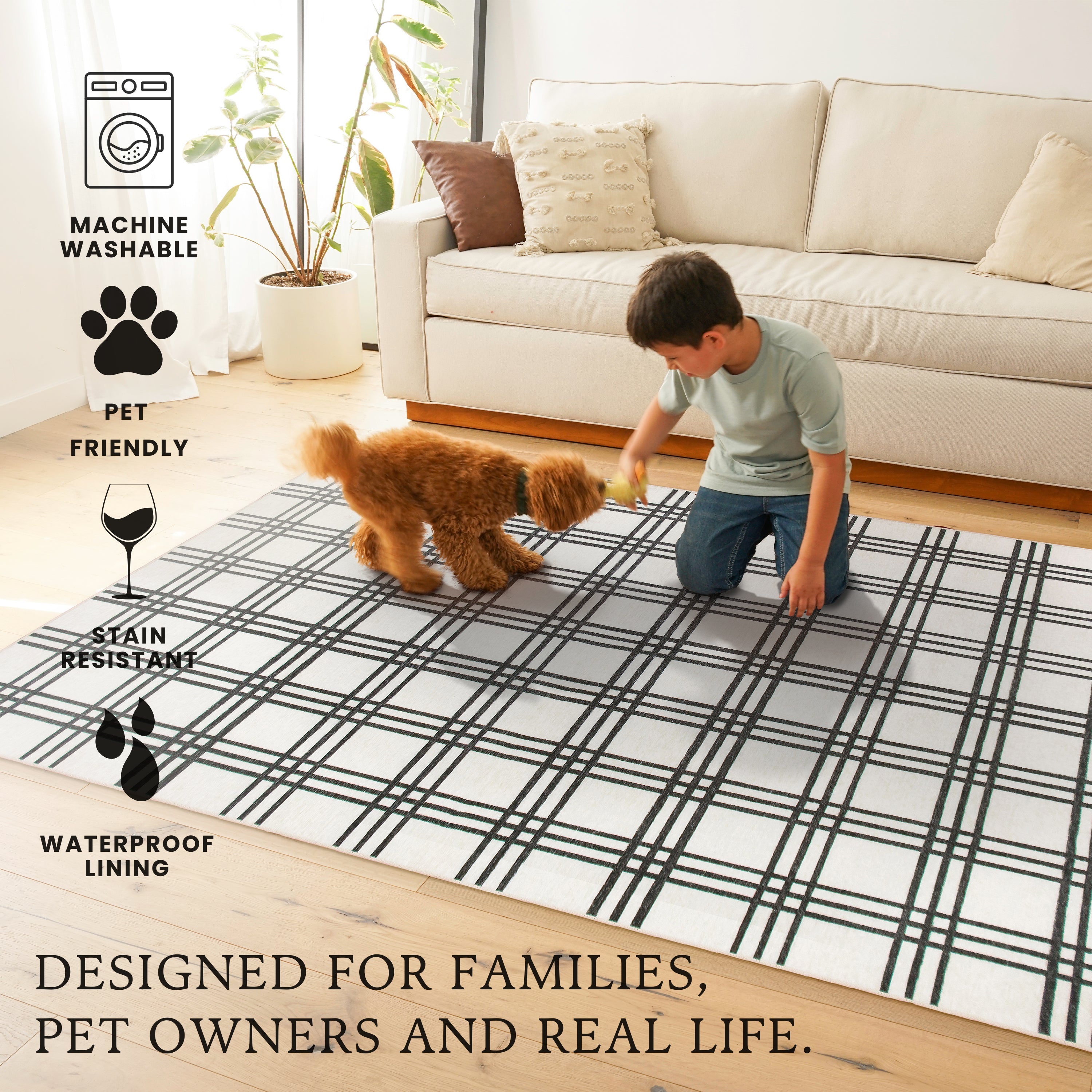 Plaid Black and Cream Living Room Washable Rug