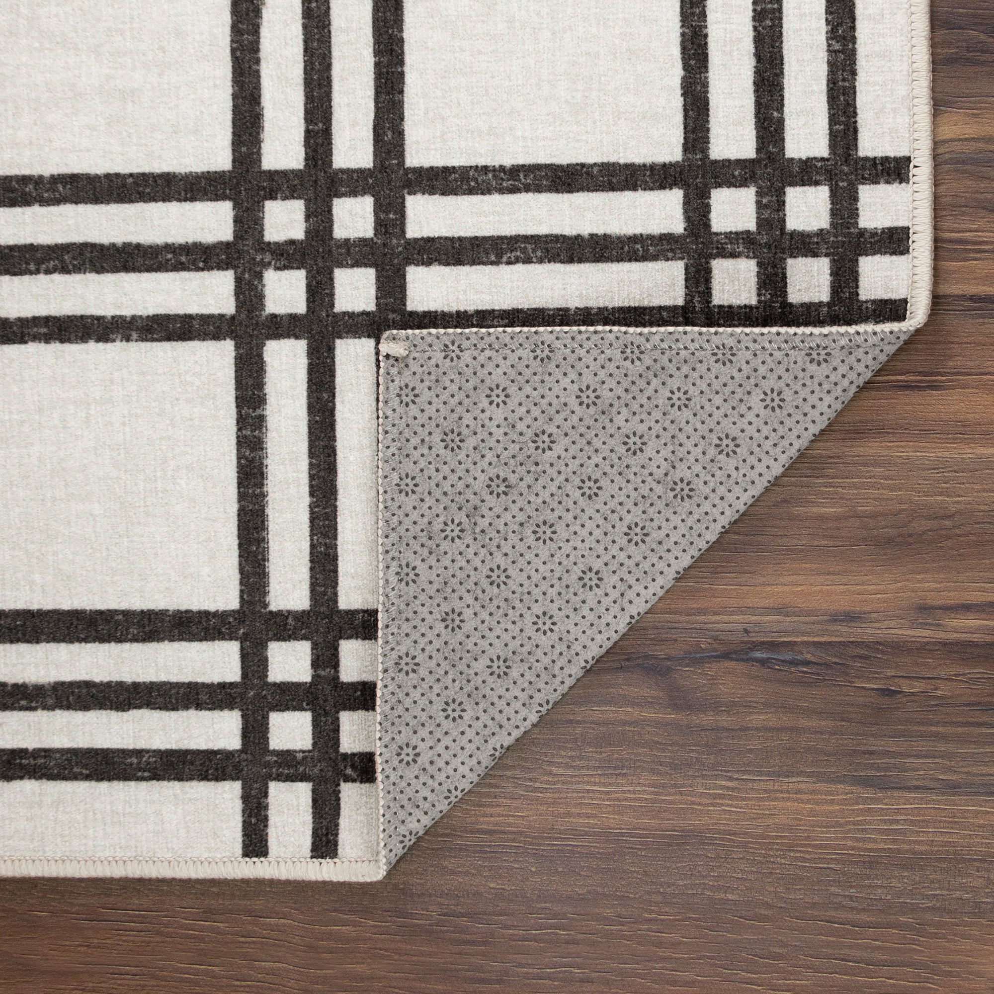 Plaid Black and Cream Dining Room Washable Rug