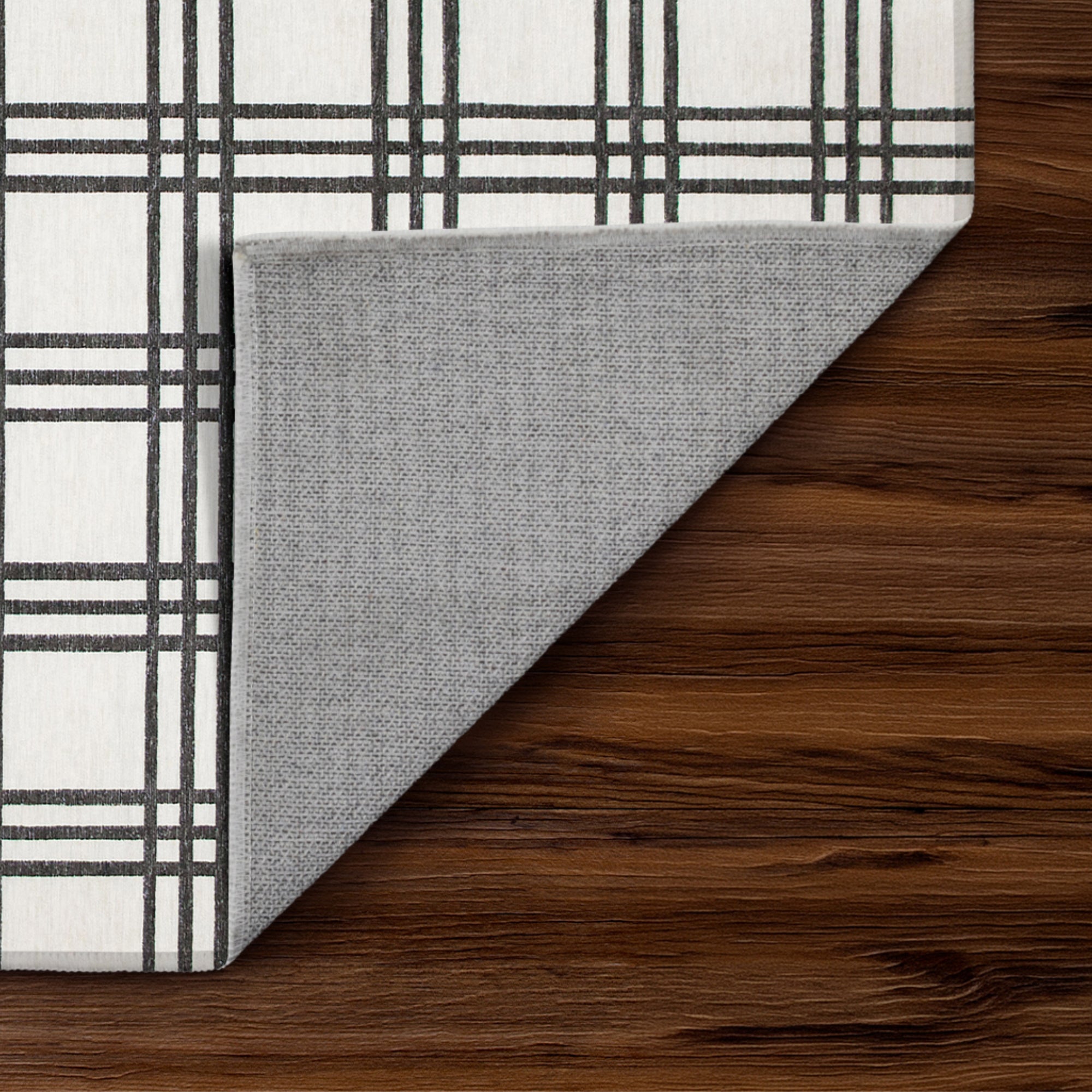Plaid Black and Cream Bedroom Washable Rug
