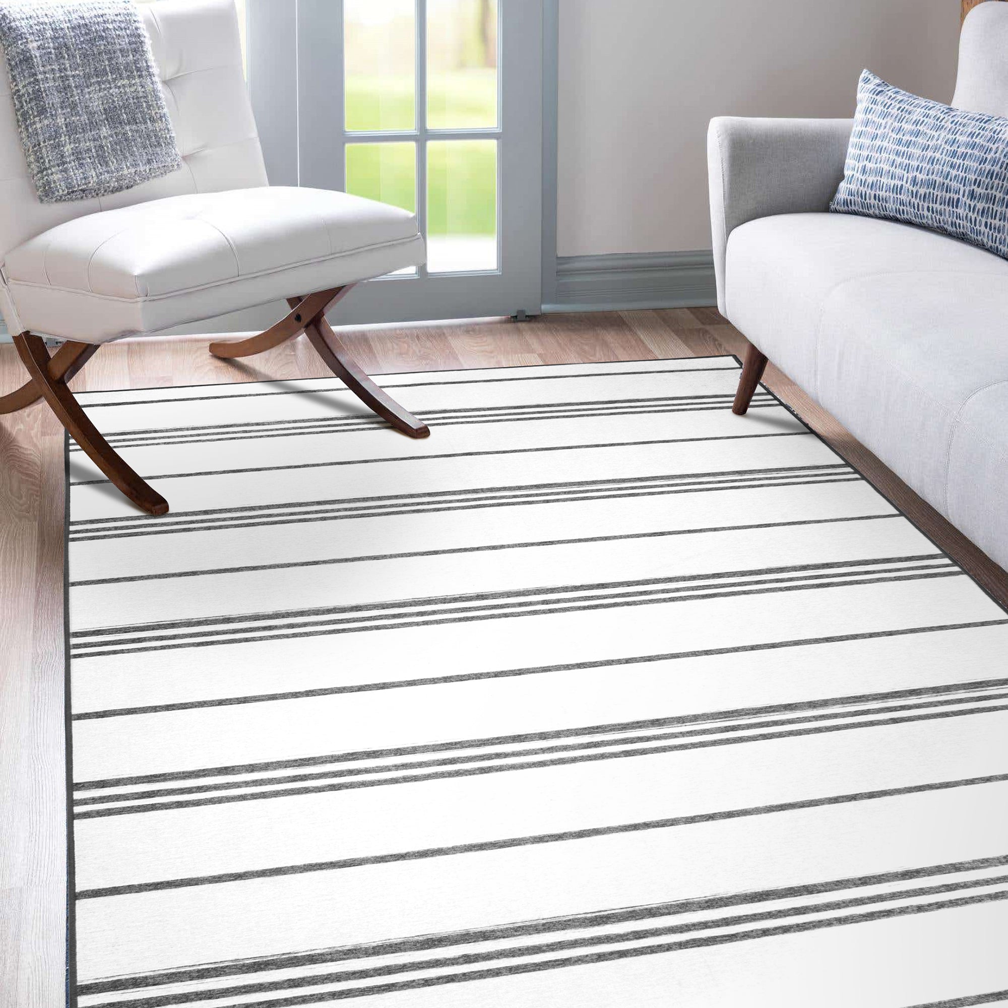 Stripe Grey Dining Room Washable Rug