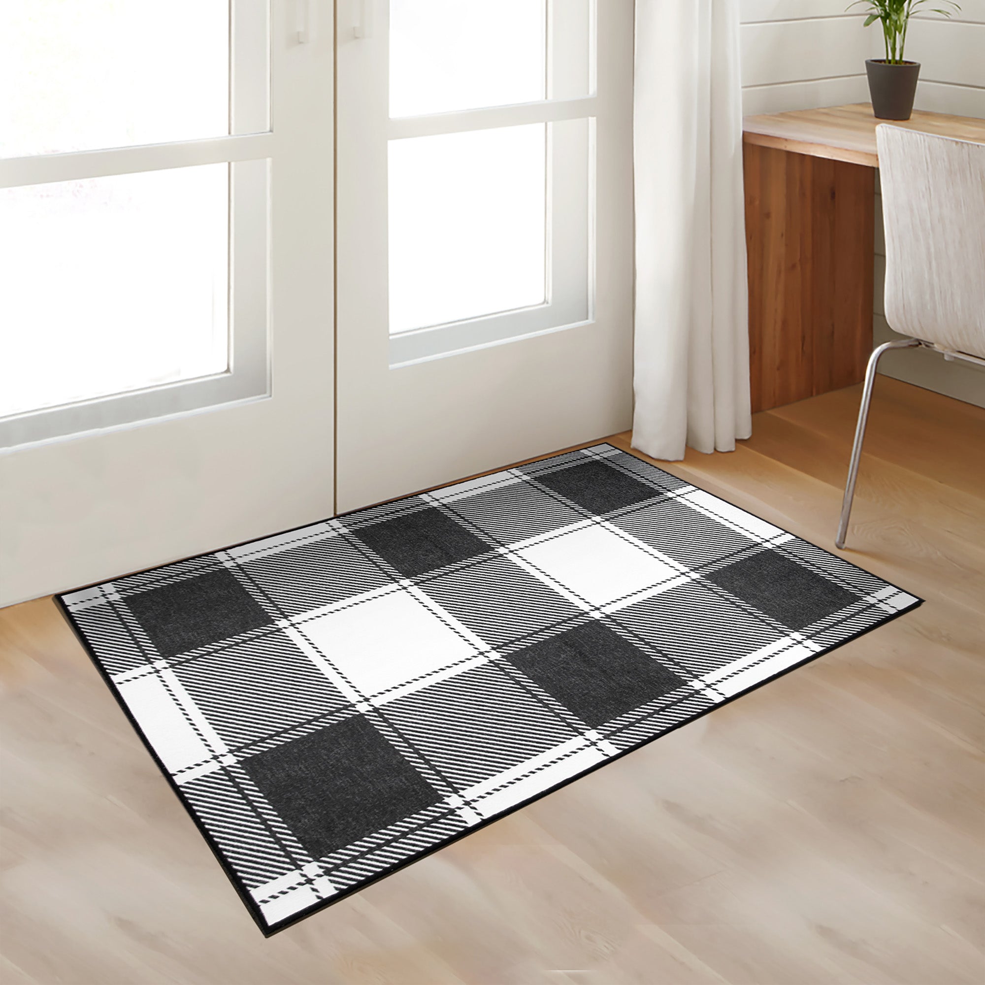 Buffalo Plaid Black and White Dining Room Washable Rug