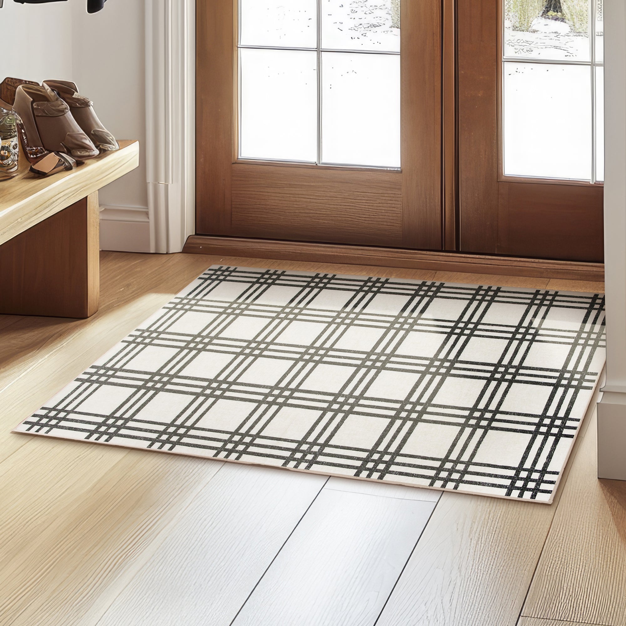 Plaid Black and Cream Dining Room Washable Rug