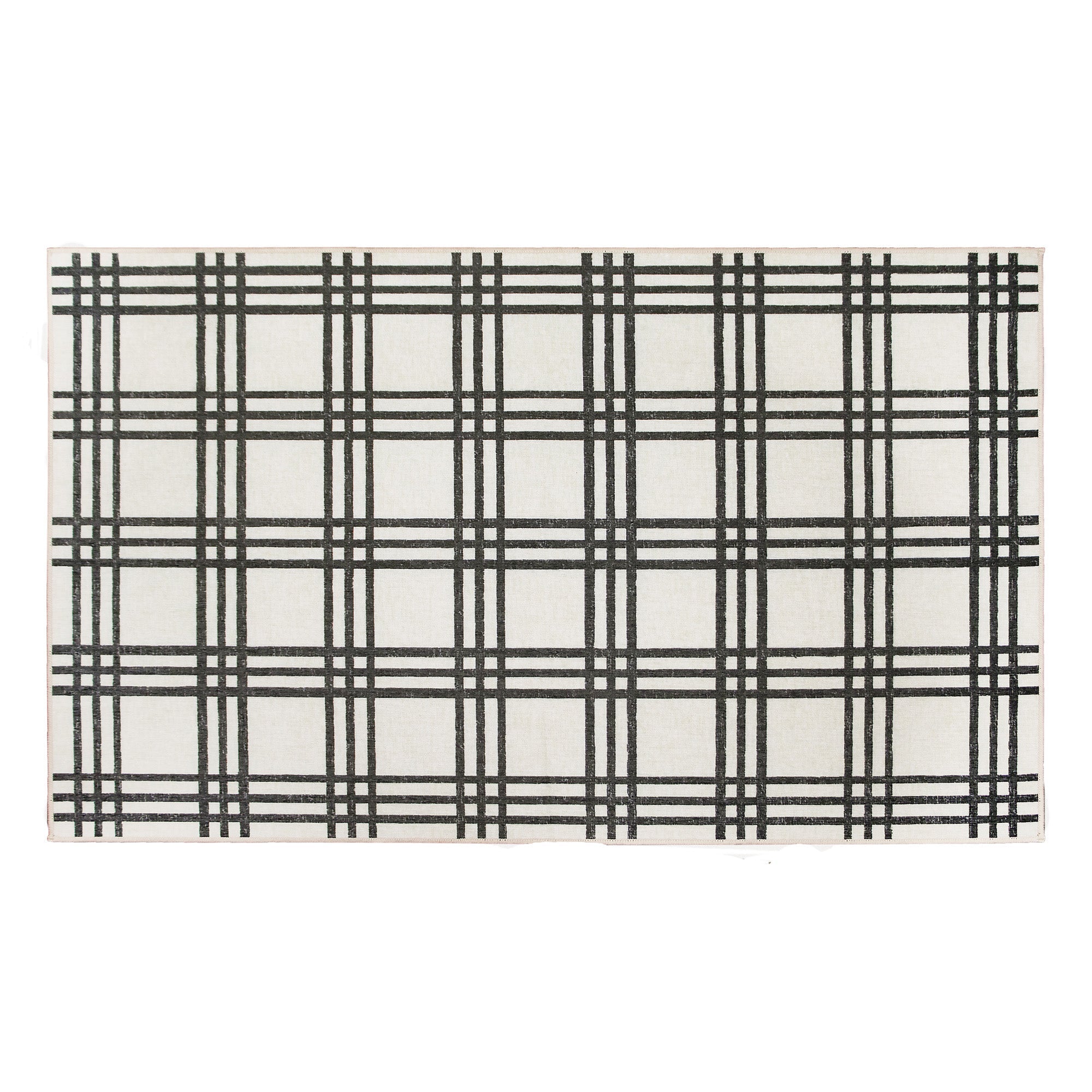 Plaid Black and Cream Living Room Washable Rug