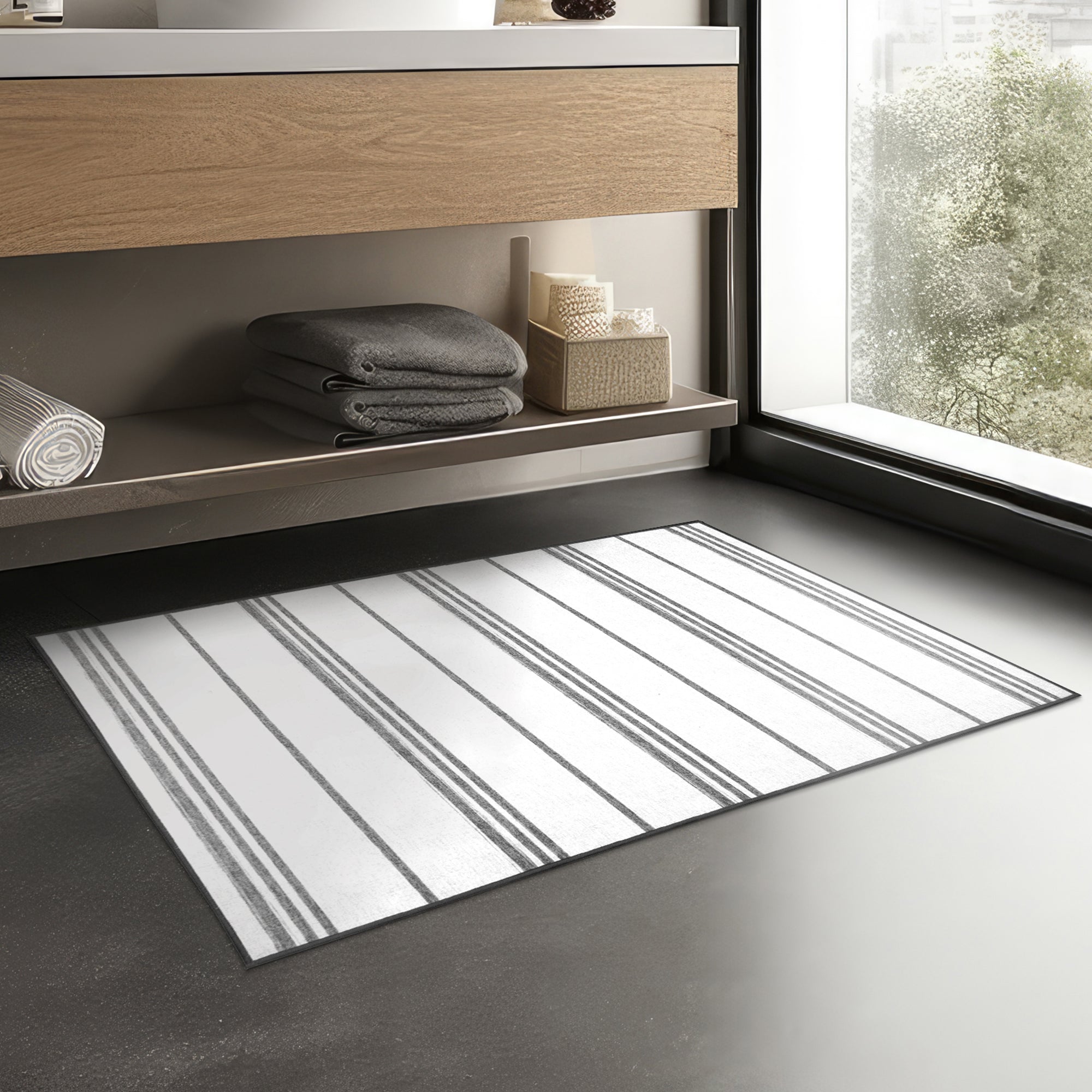 Stripe Grey Dining Room Washable Rug