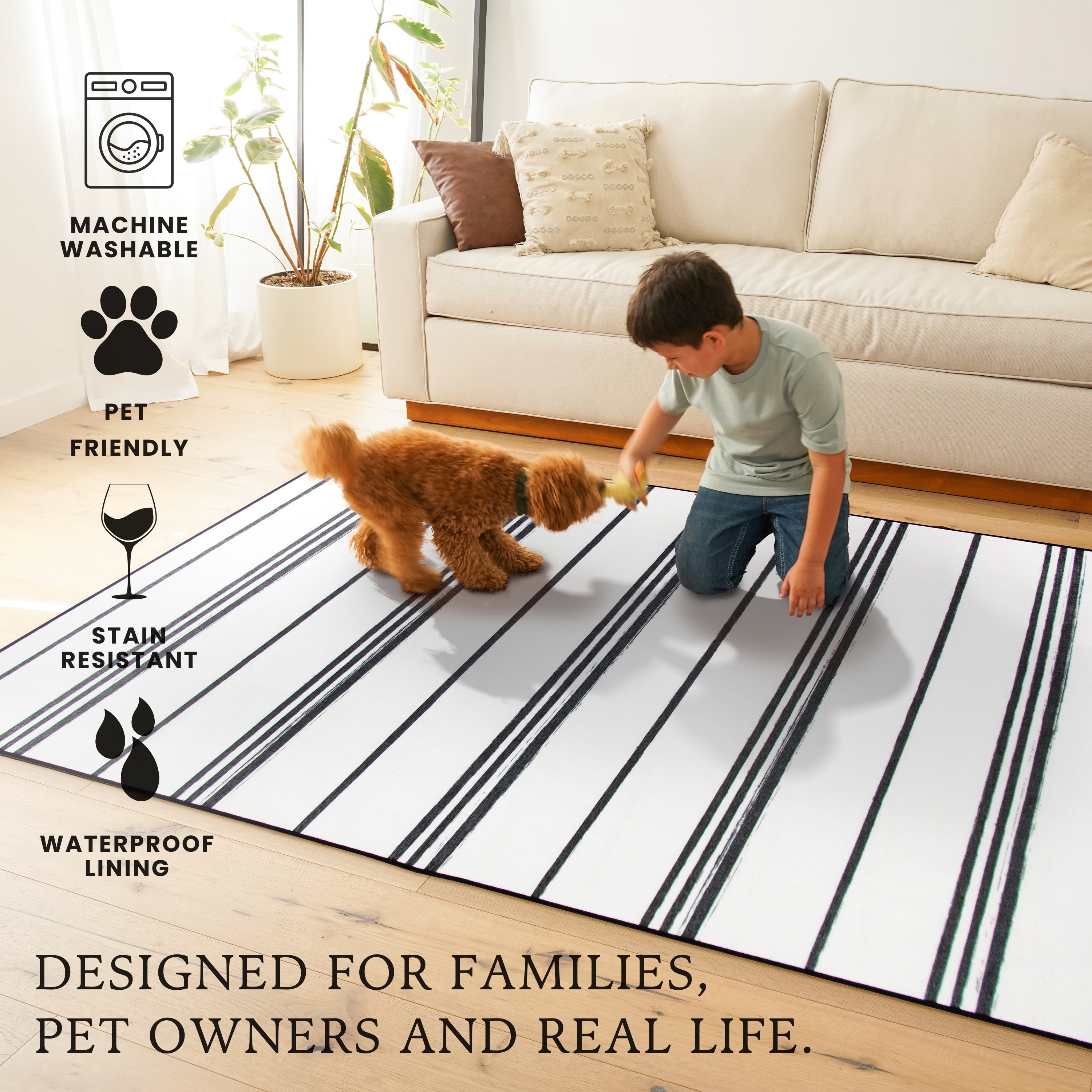 Stripe Black and White Dining Room Washable Rug