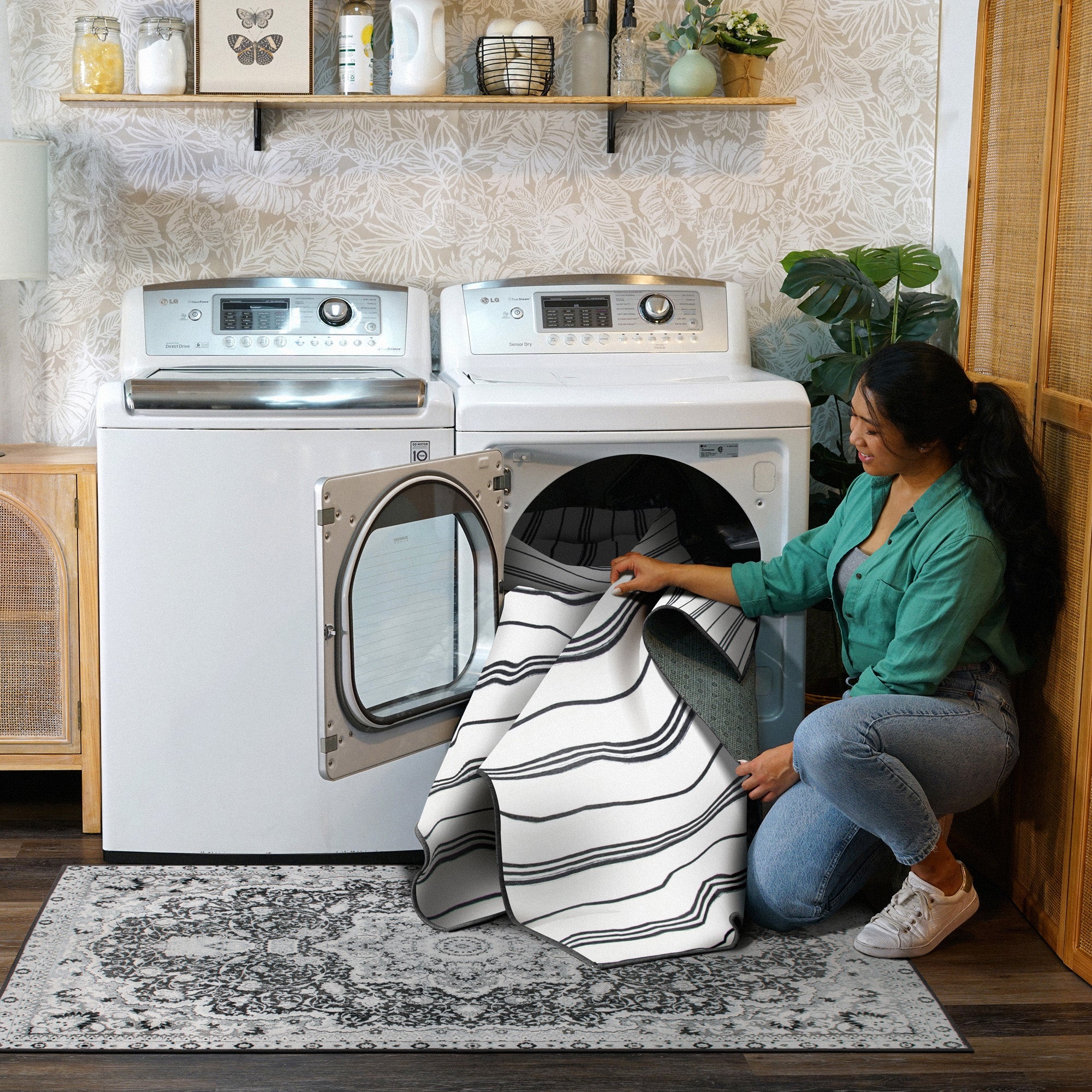 Stripe Black and White Doorways & Entrances Washble Rug