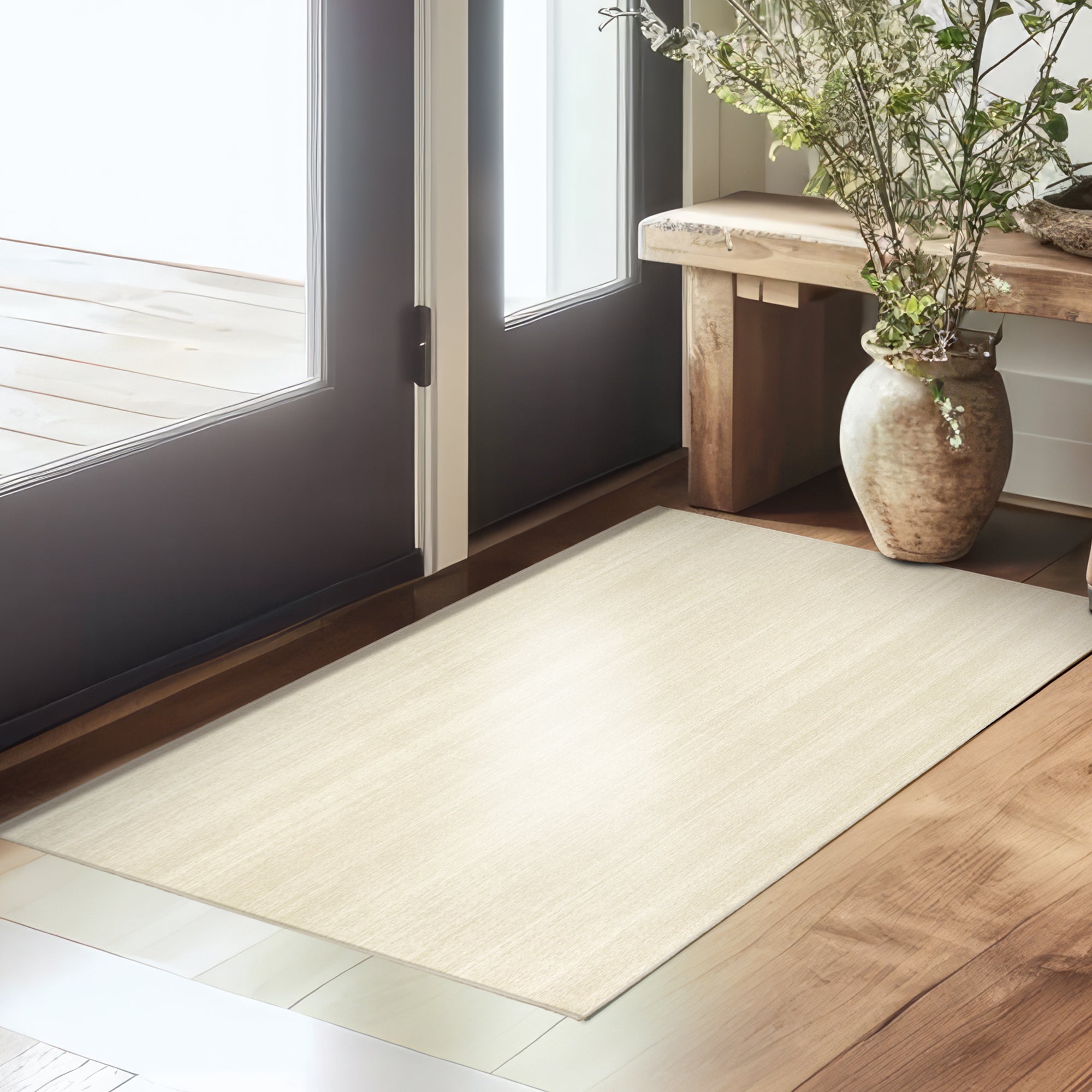 Solid Cream Dining Room Washable Rug