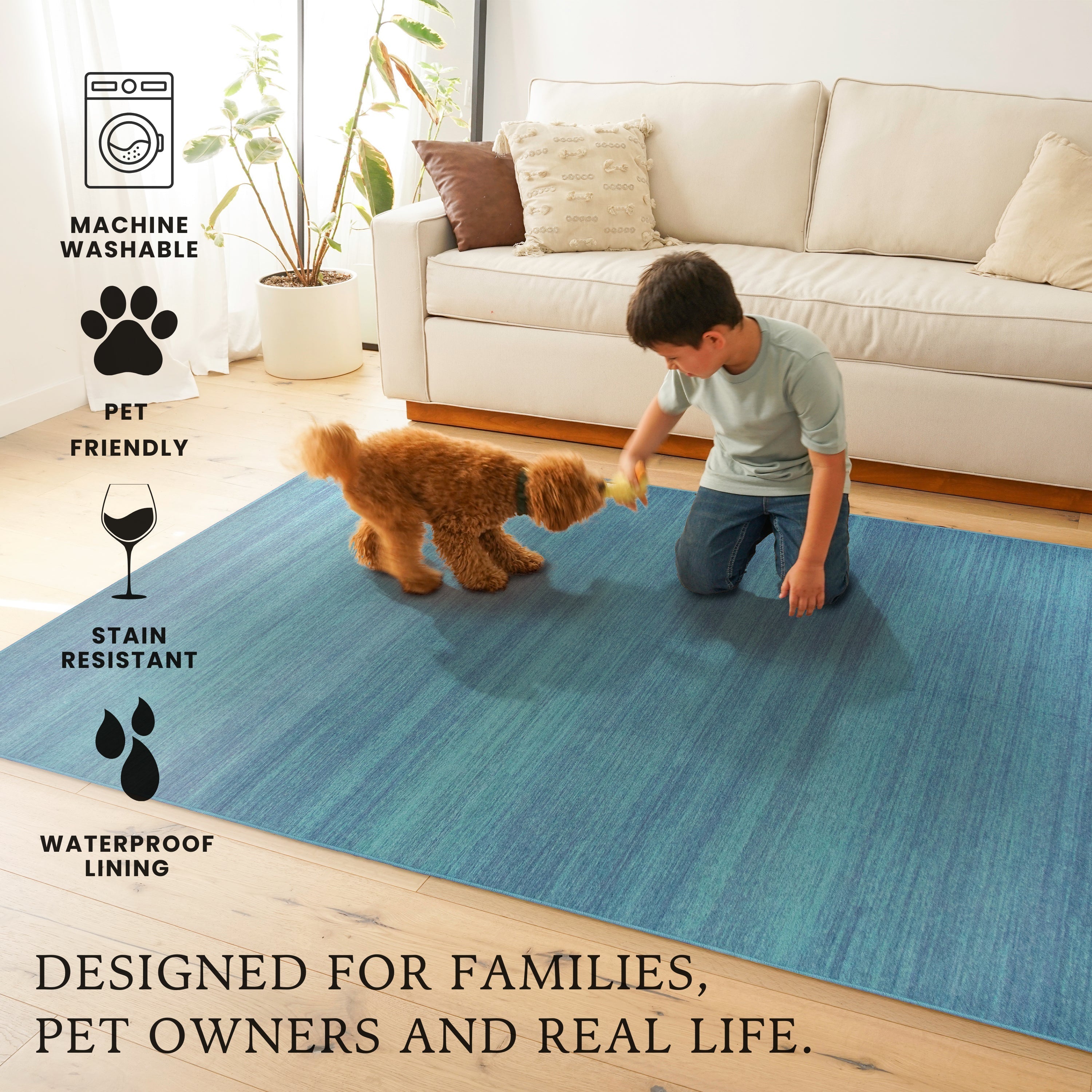 Solid Blue Dining Room Washable Rug