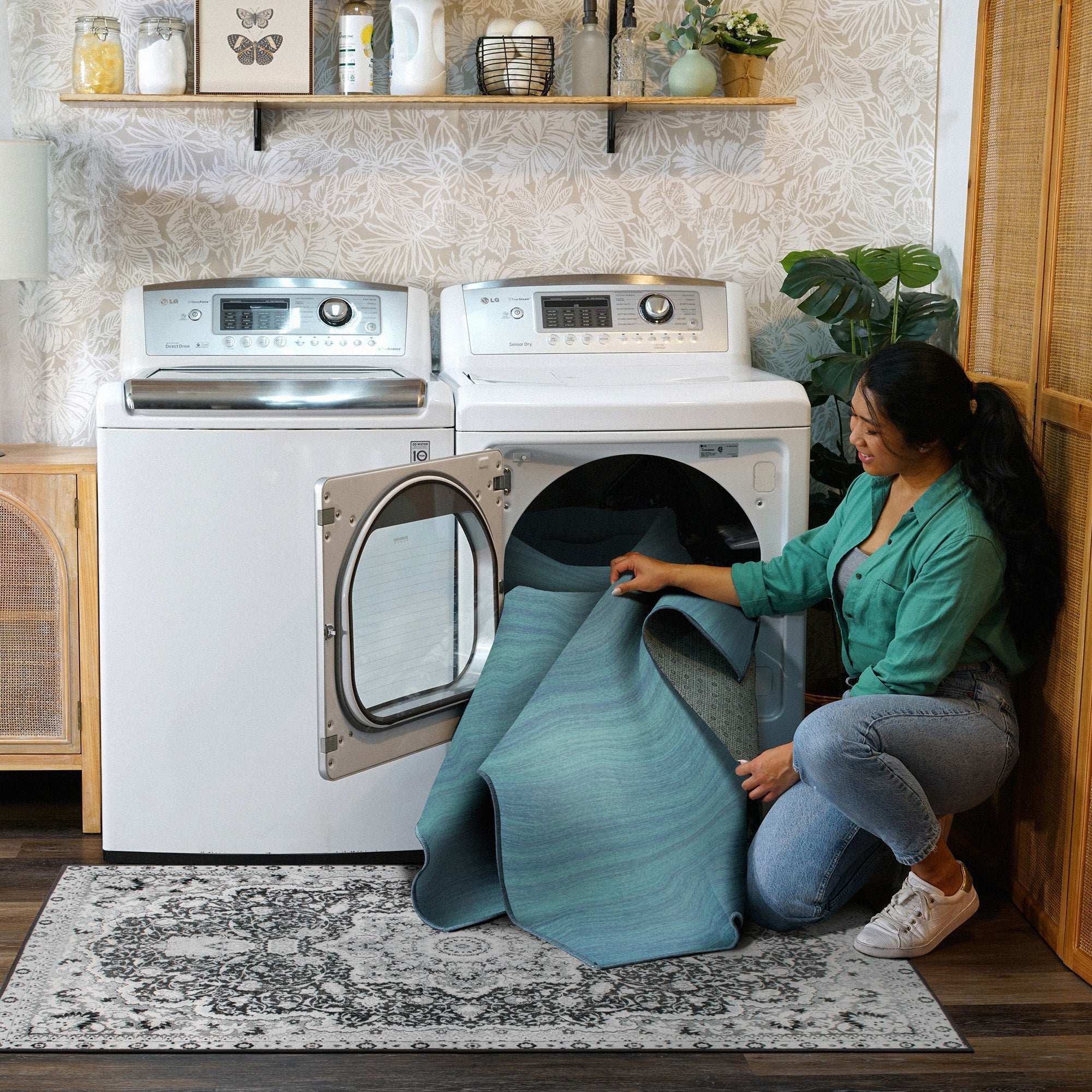 Solid Blue Dining Room Washable Rug