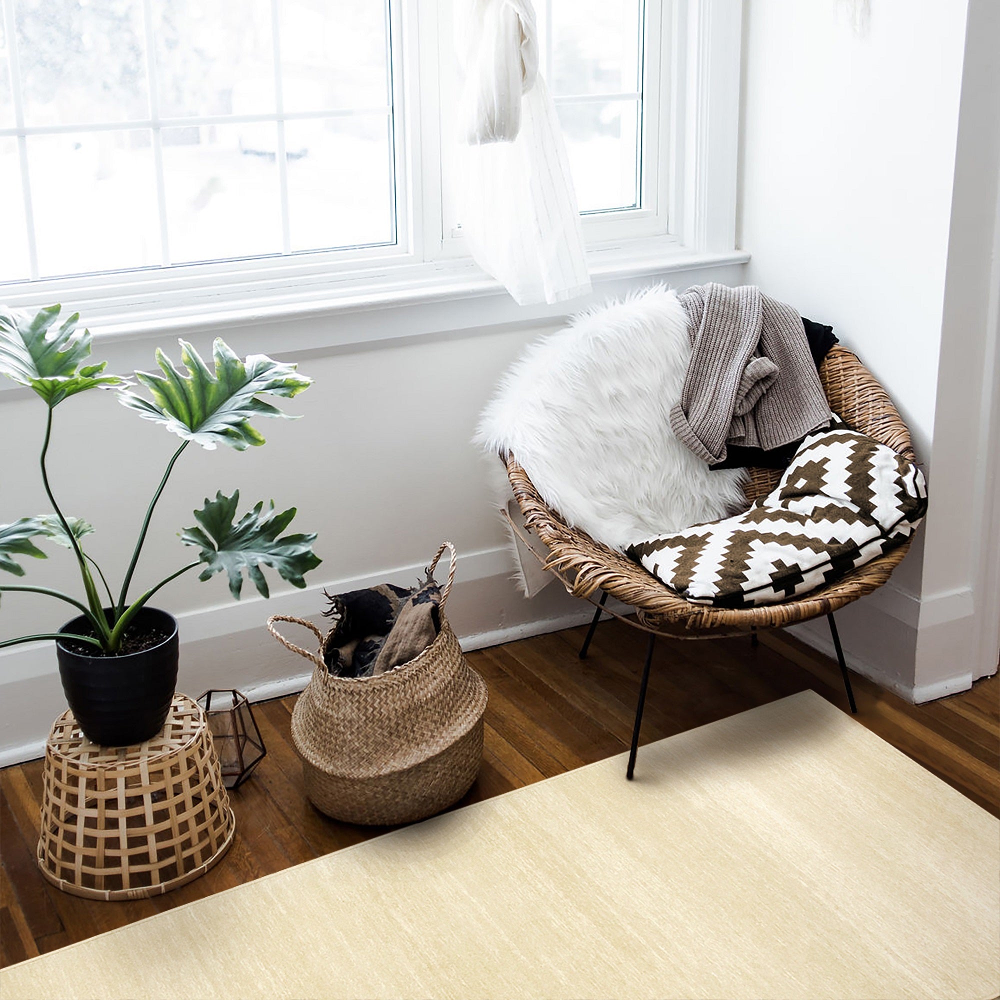 Solid Cream Dining Room Washable Rug