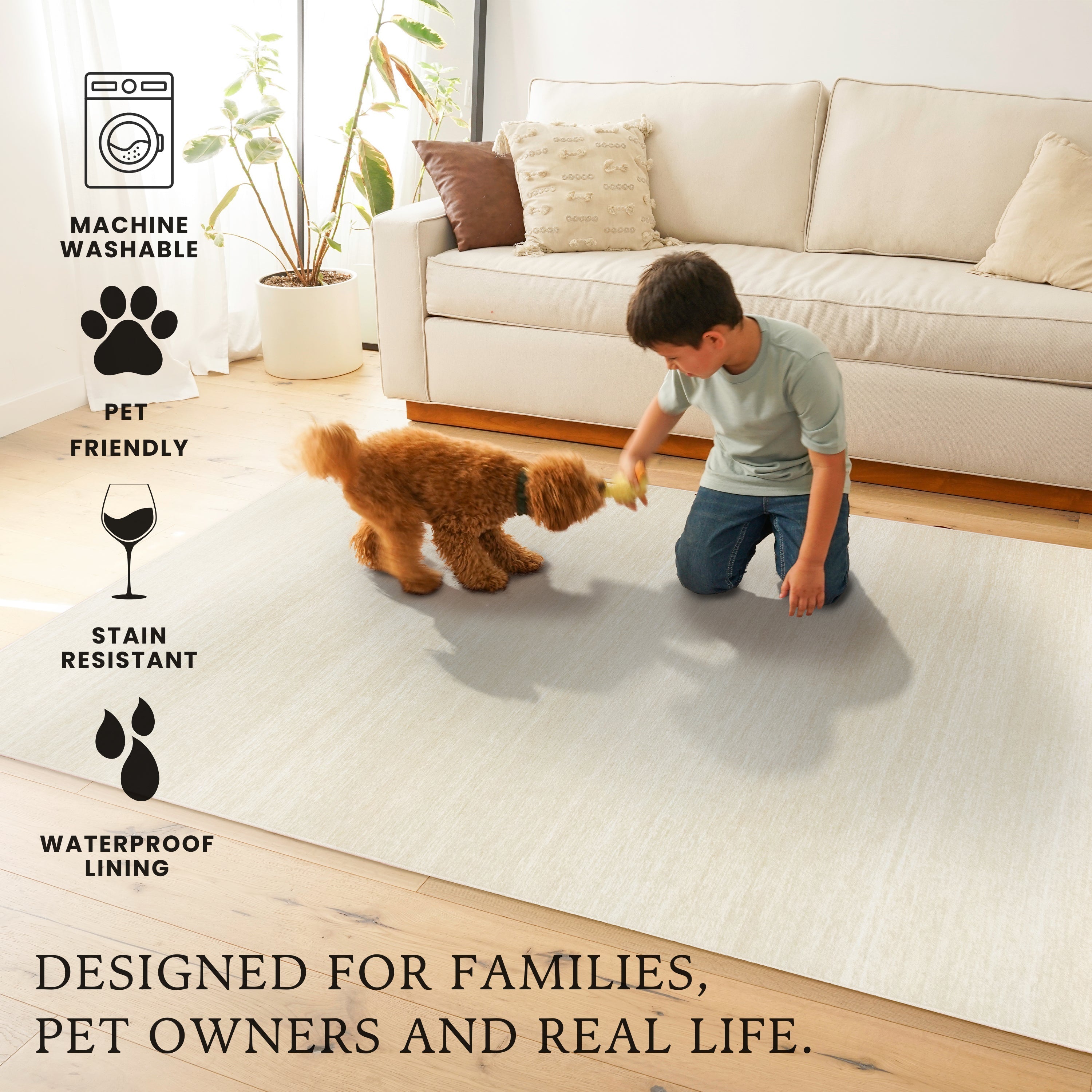 Solid Cream Dining Room Washable Rug