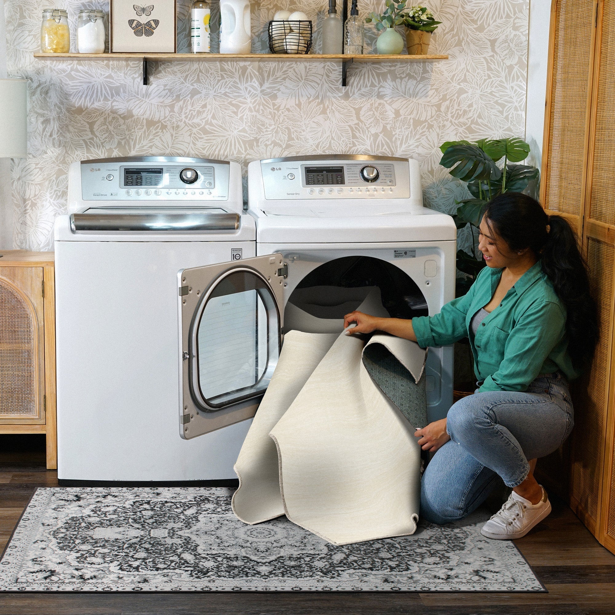 Solid Cream Dining Room Washable Rug