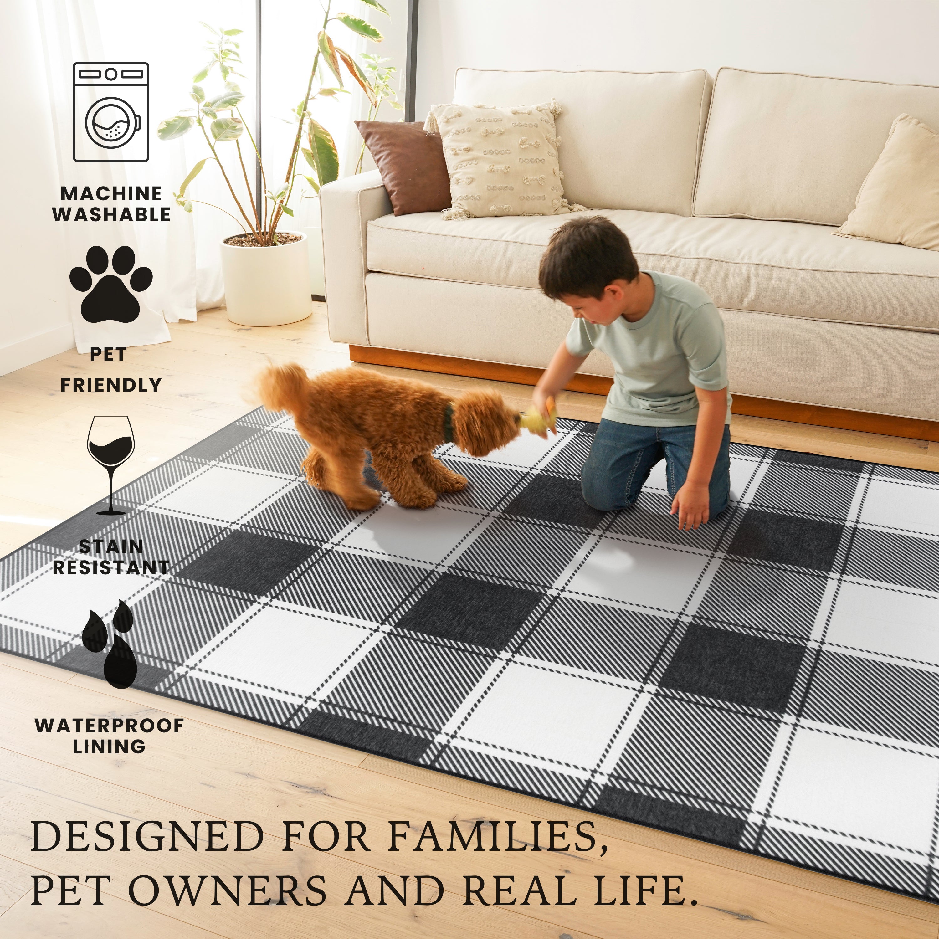 Buffalo Plaid Black and White Dining Room Washable Rug