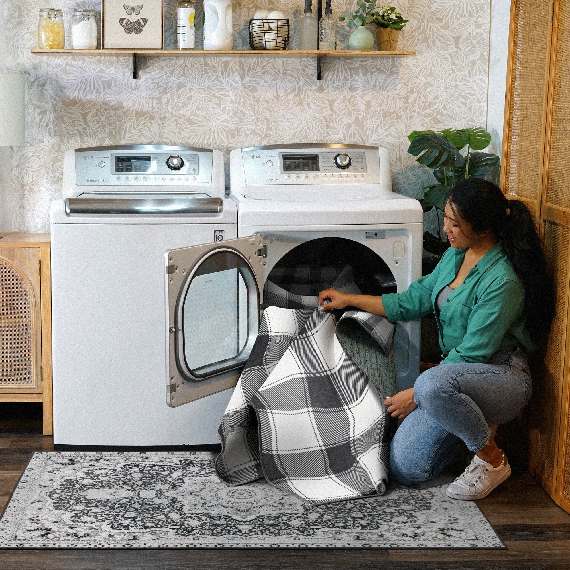 Buffalo Plaid Black and White Dining Room Washable Rug