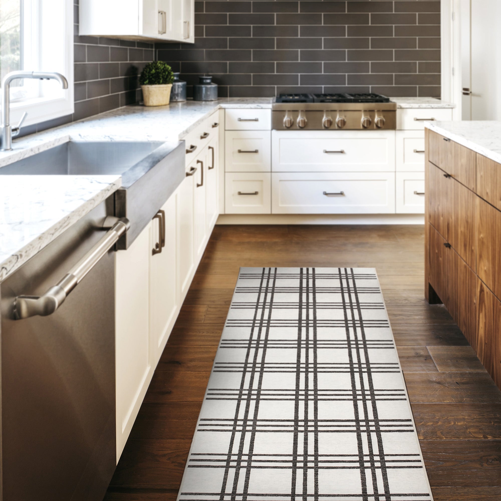 Plaid Black and Cream Washable Rug