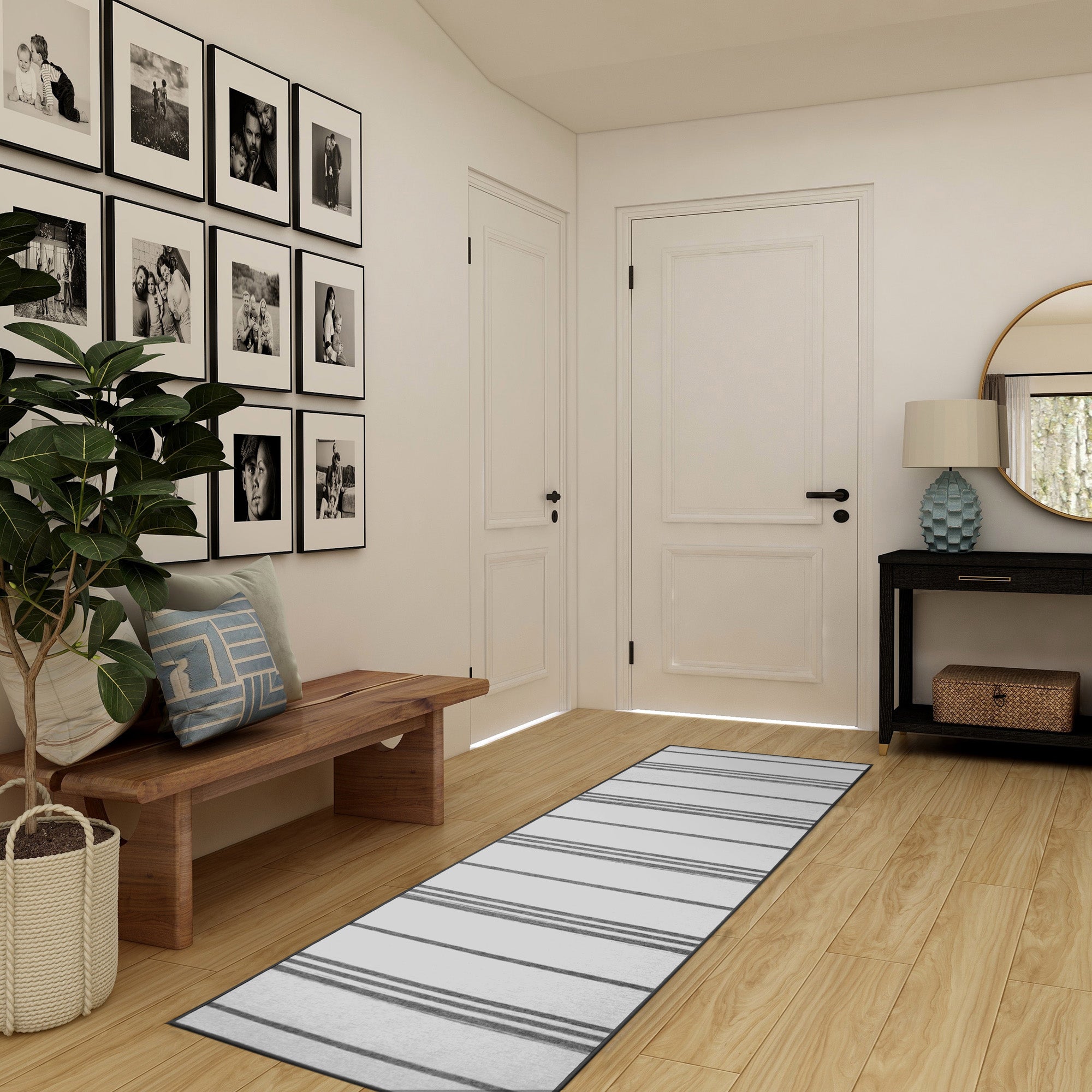 Stripe Grey Dining Room Washable Rug