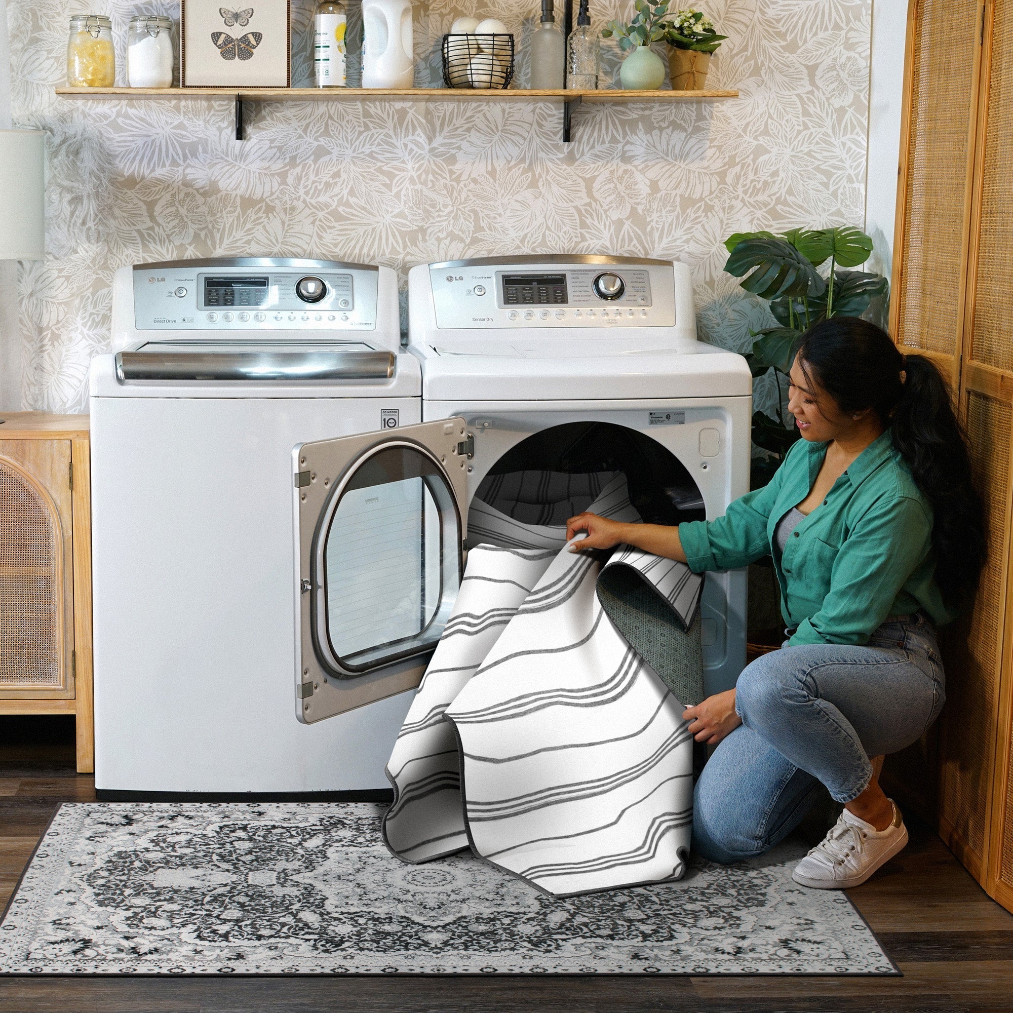 Stripe Grey Dining Room Washable Rug