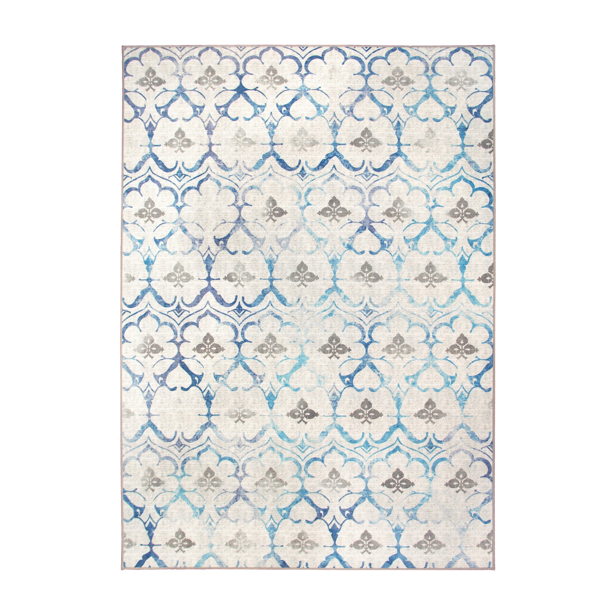 Leilani Damask Beige Blue Washable Rug