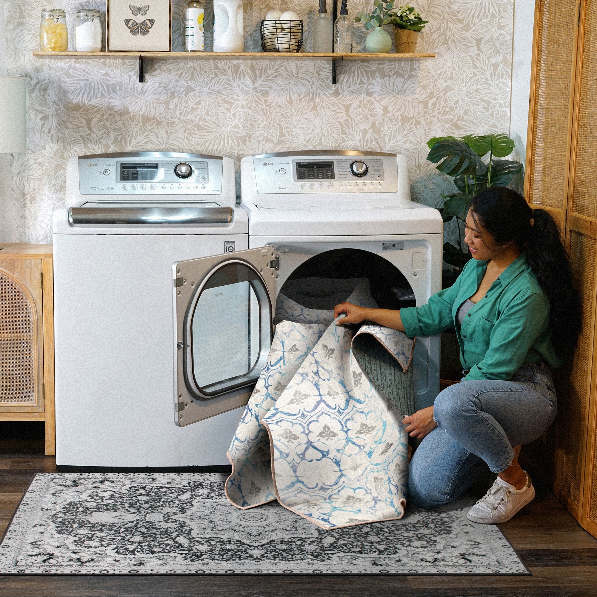Leilani Damask Beige Blue Kitchen Washable Rug