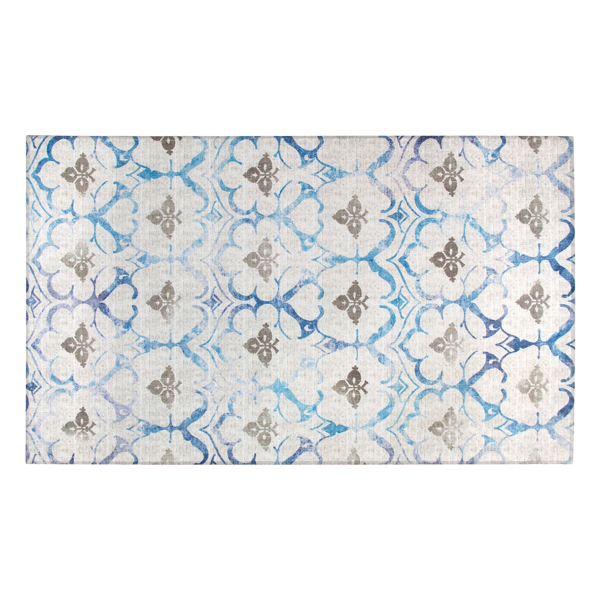 Leilani Damask Beige Blue Washable Rug
