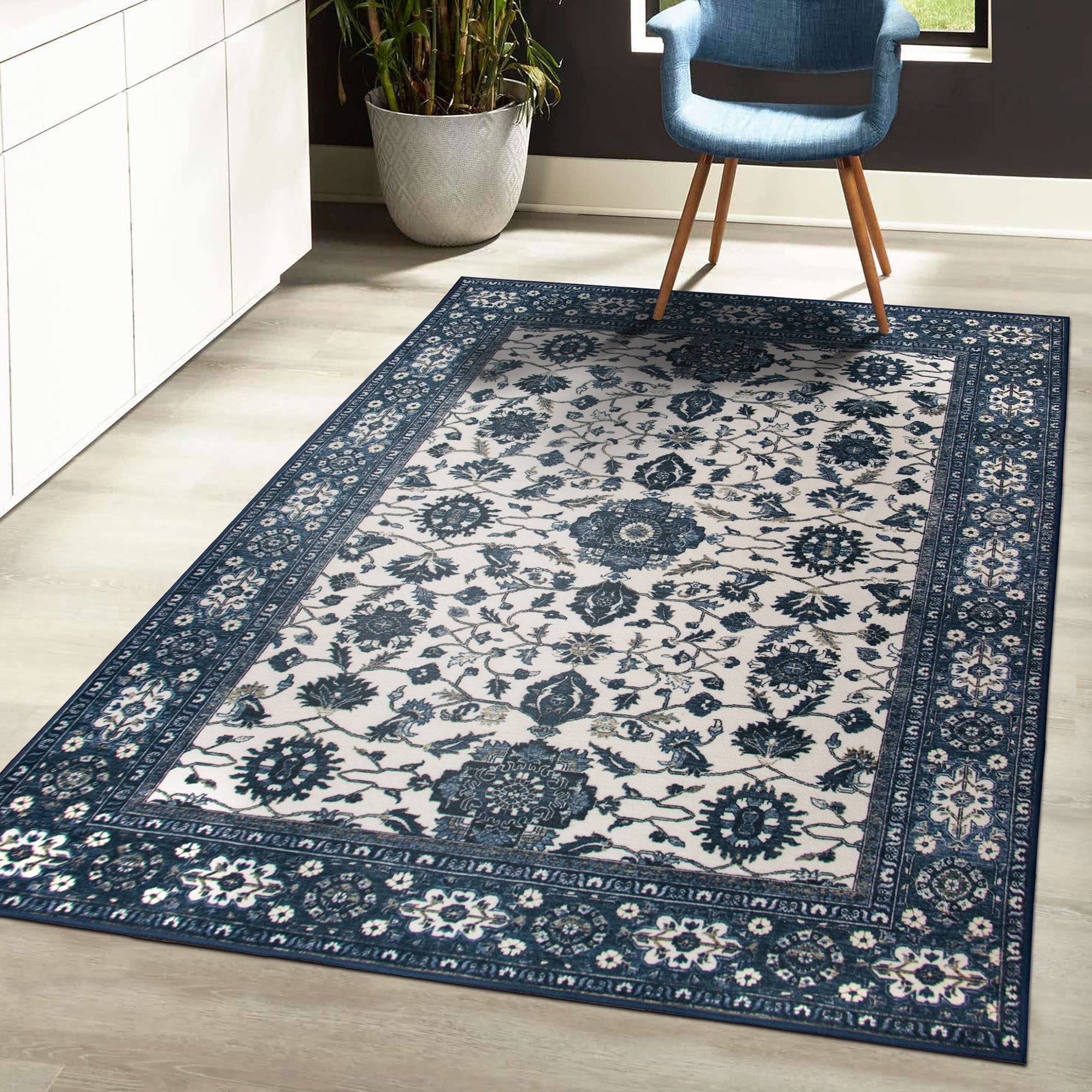 Ramage Blue Dining Room Washable Rug