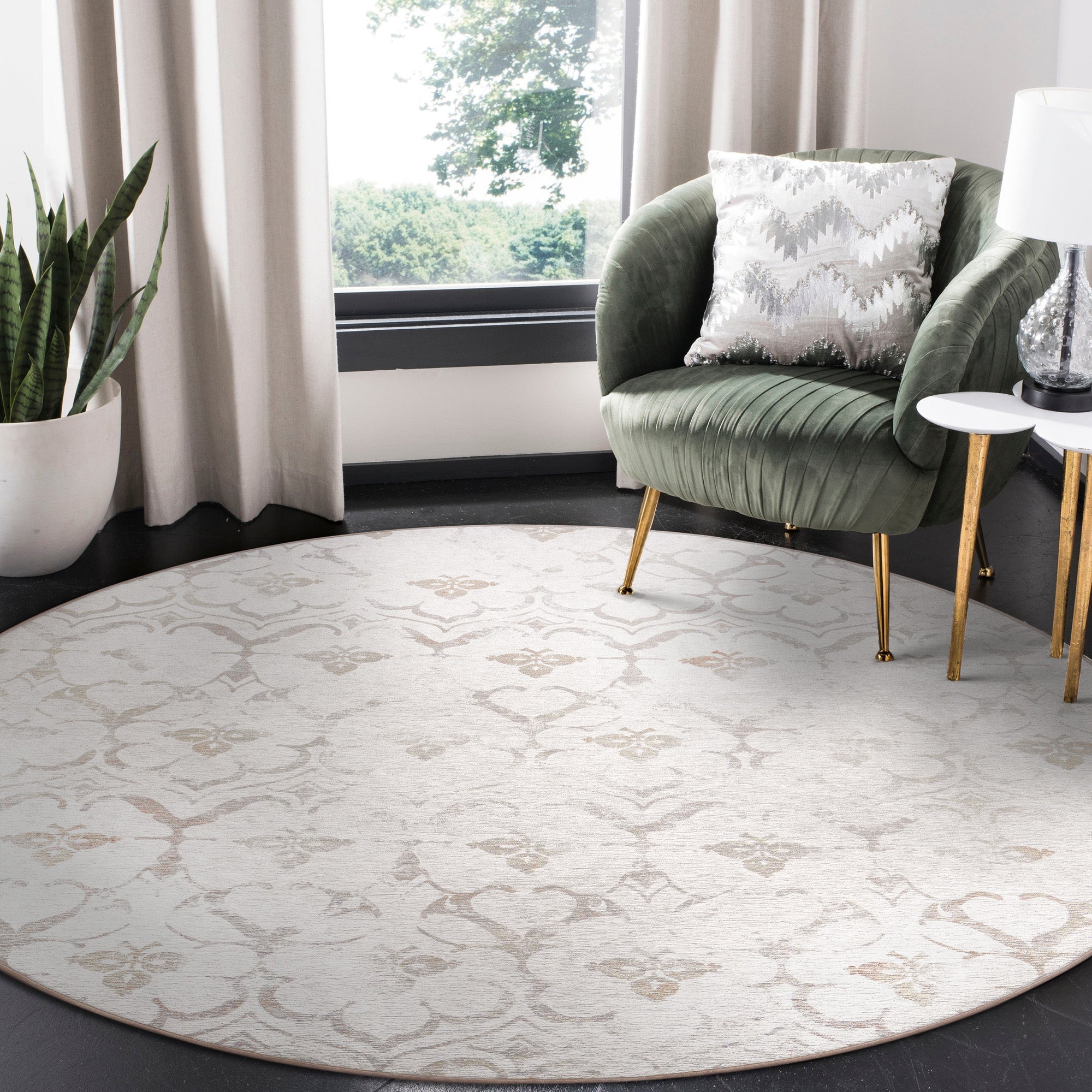 Leilani Damask Ivory Dining Room Washable Rug