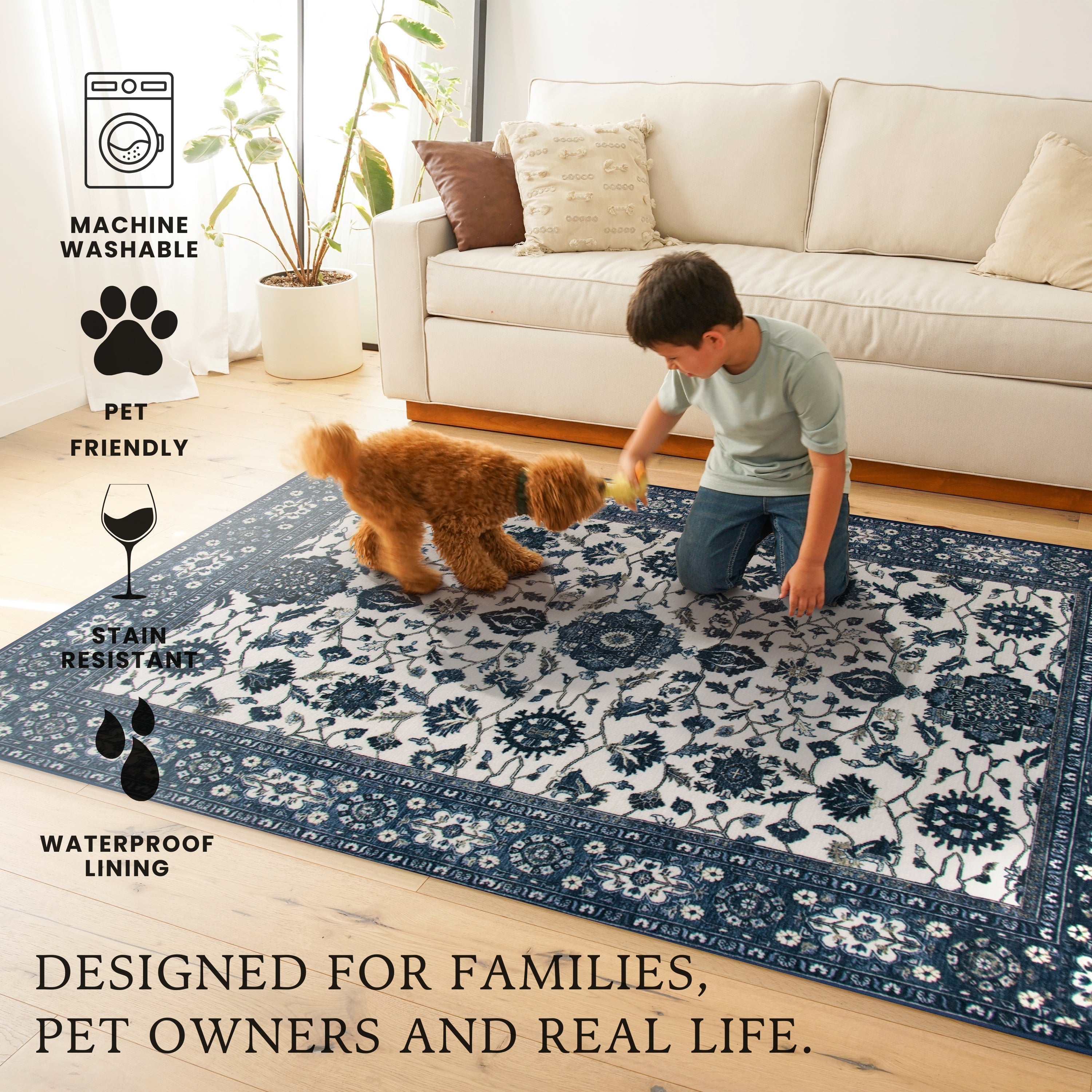 Ramage Blue Dining Room Washable Rug