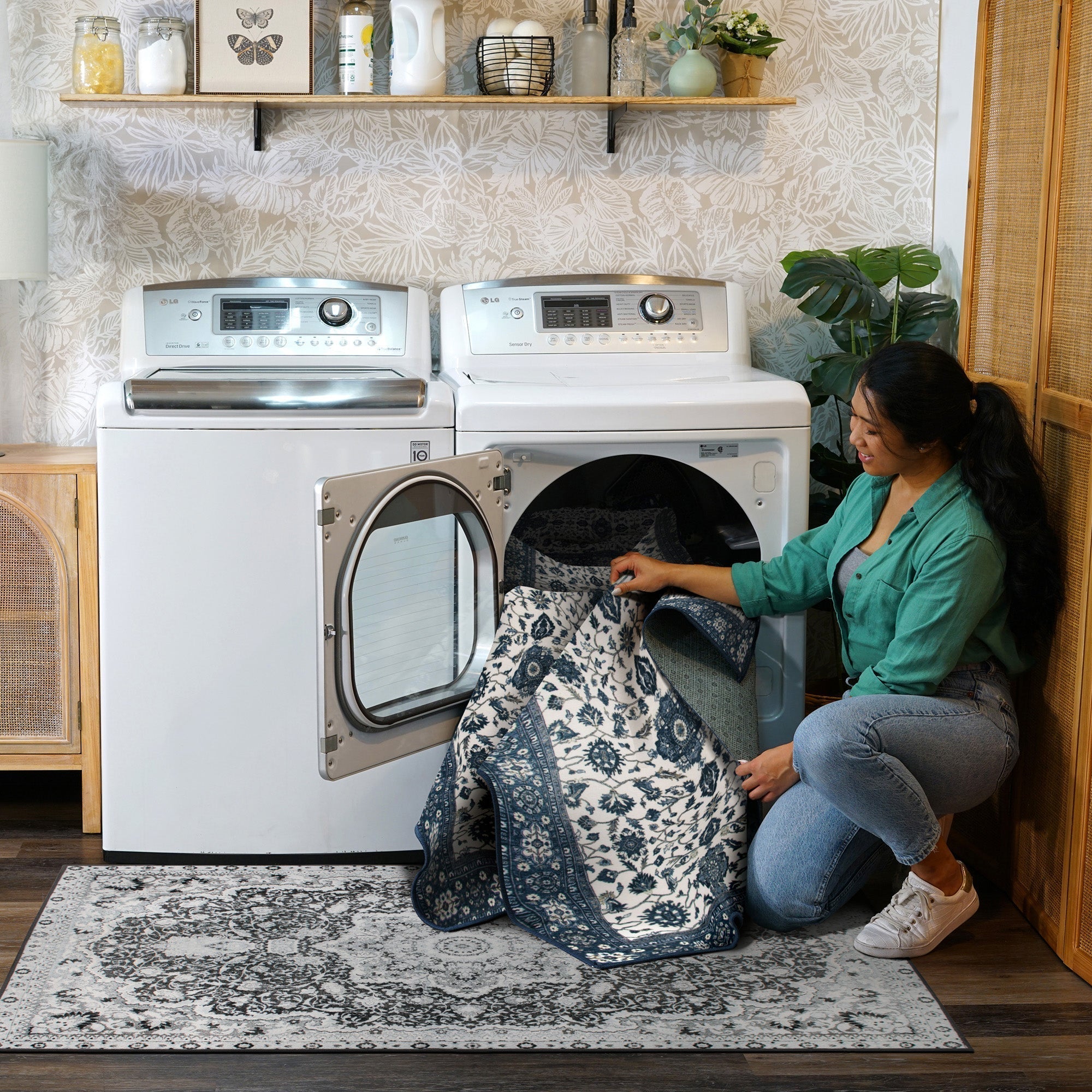 Ramage Blue Dining Room Washable Rug