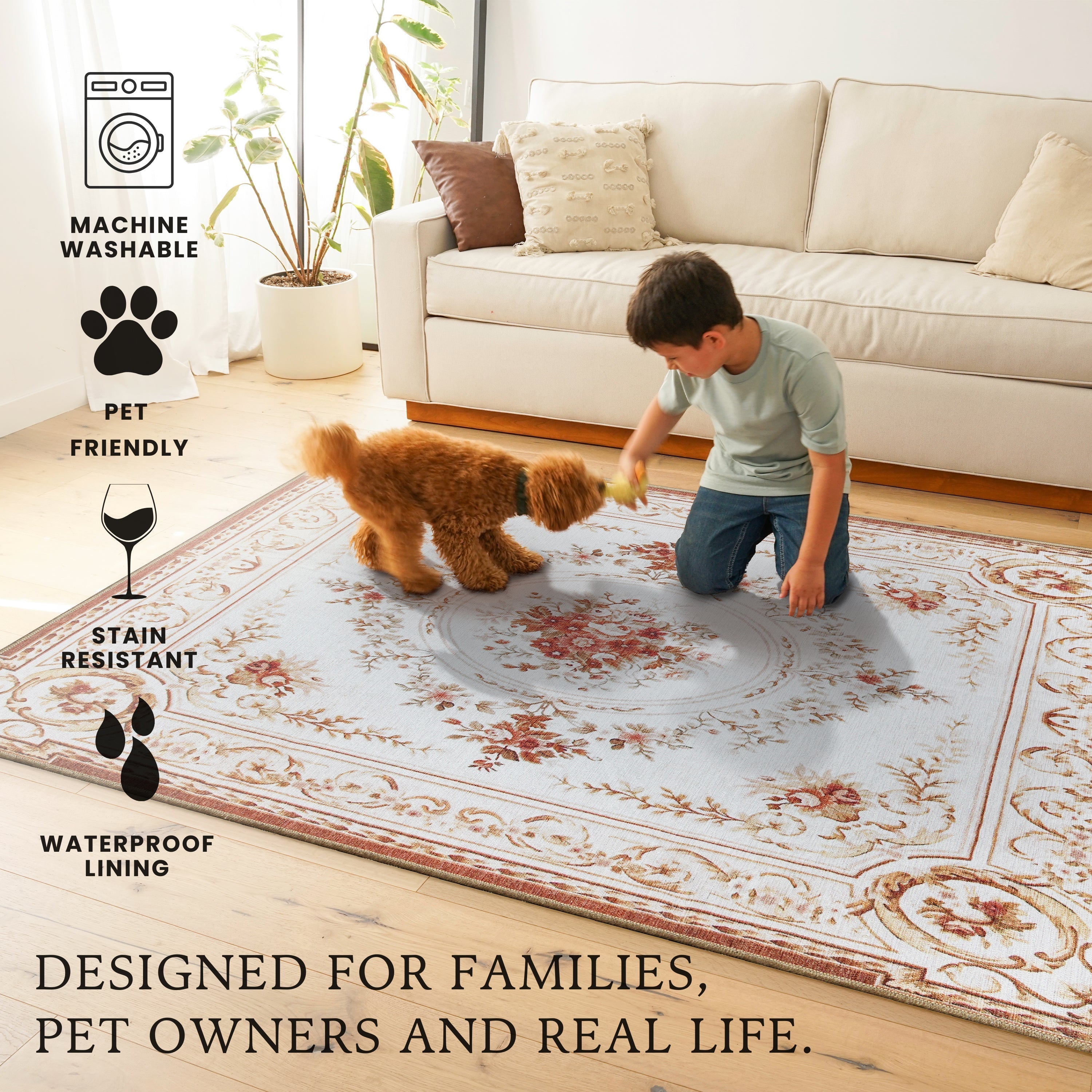 Aubusson Beige Bathroom Washble Rug