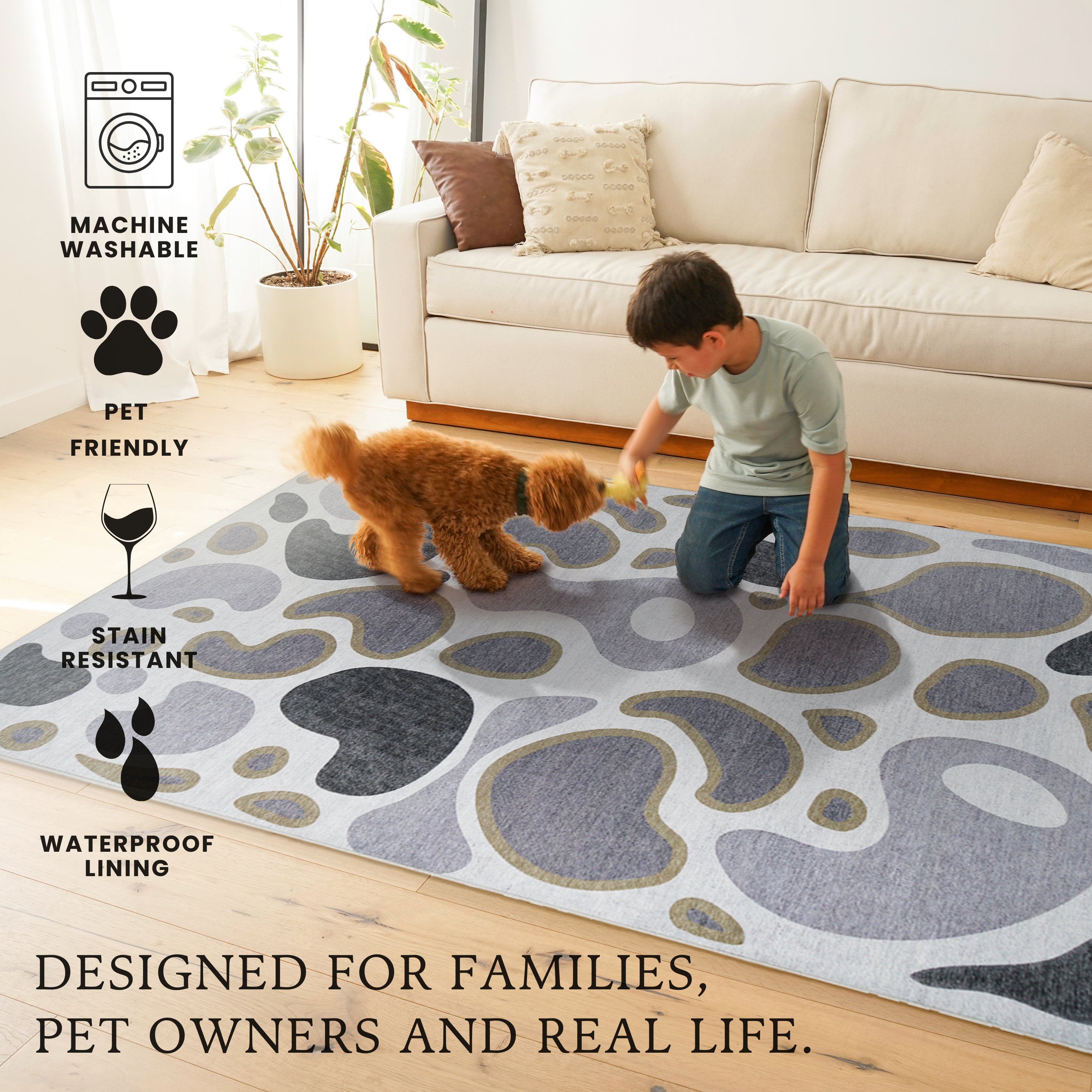 Kyoa Grey Olive Dining Room Washable Rug