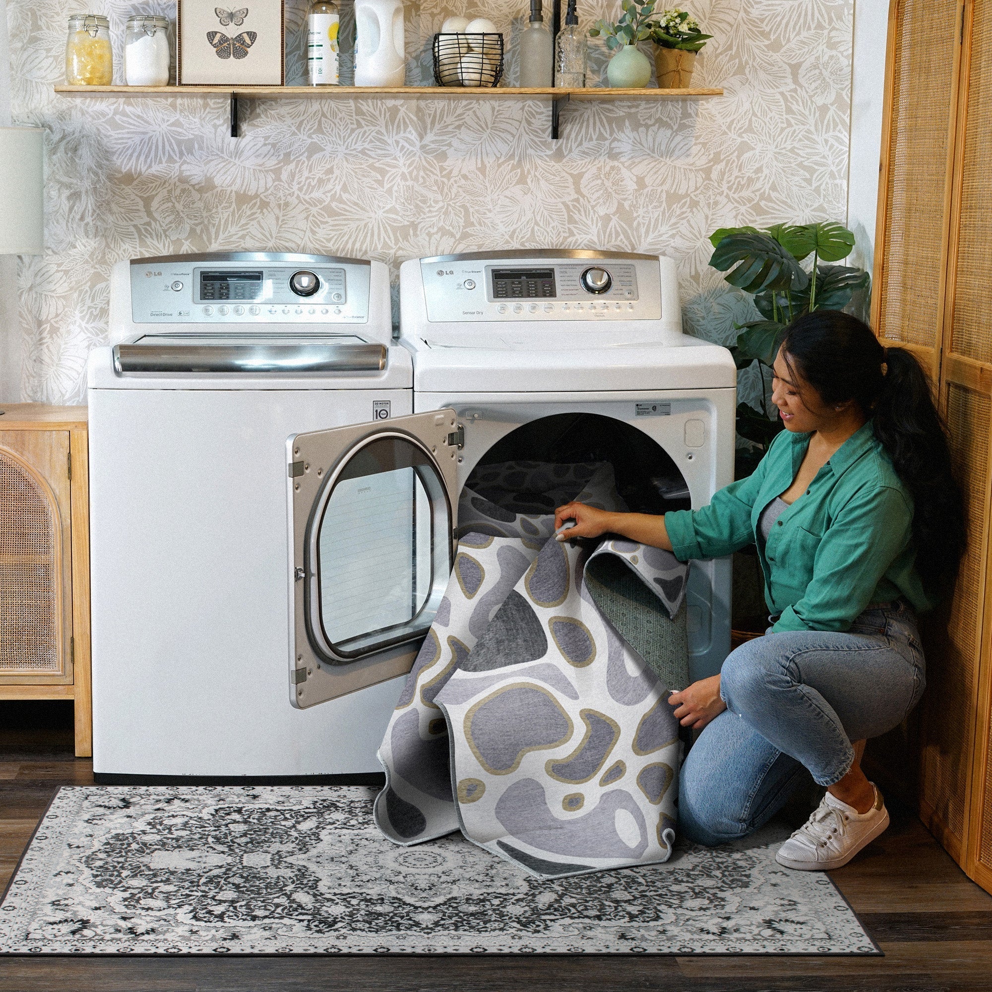 Kyoa Grey Olive Dining Room Washable Rug