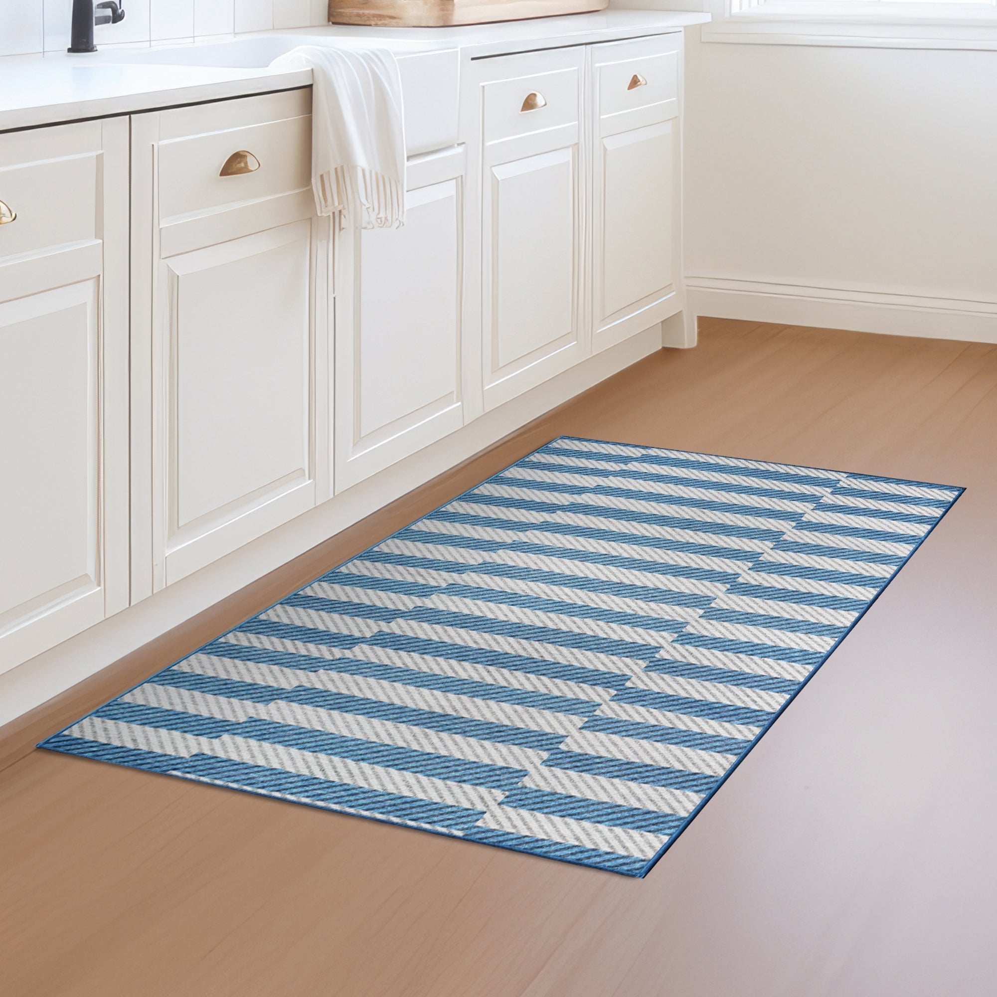 Tratti Offset Stripe Blue Dining Room Washable Rug