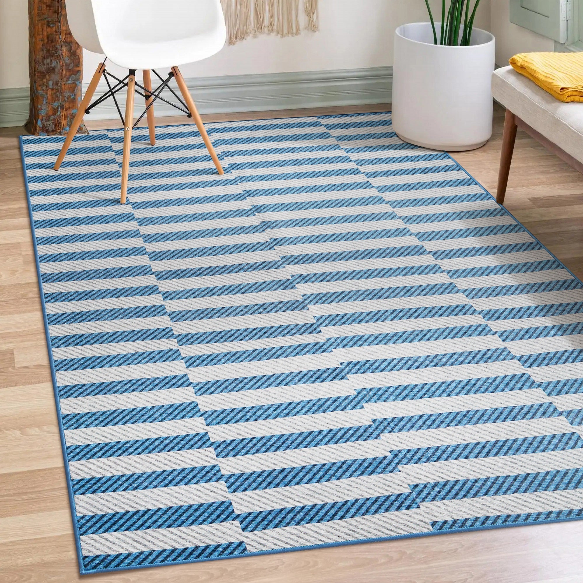 Tratti Offset Stripe Blue Dining Room Washable Rug