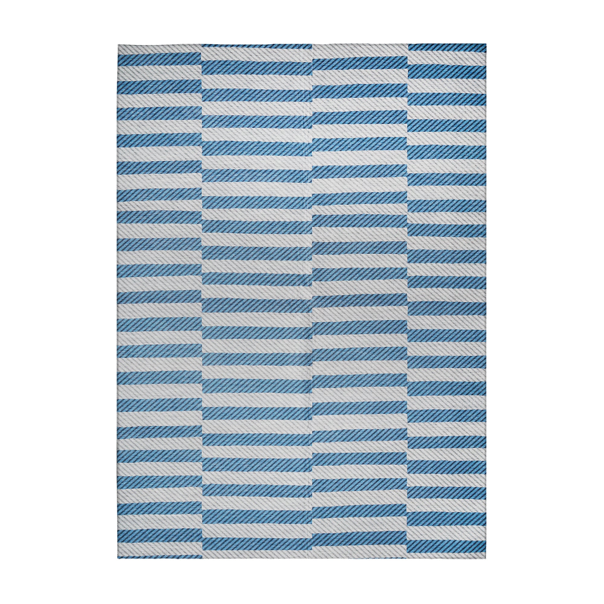 Tratti Offset Stripe Blue Bedroom Washable Rug
