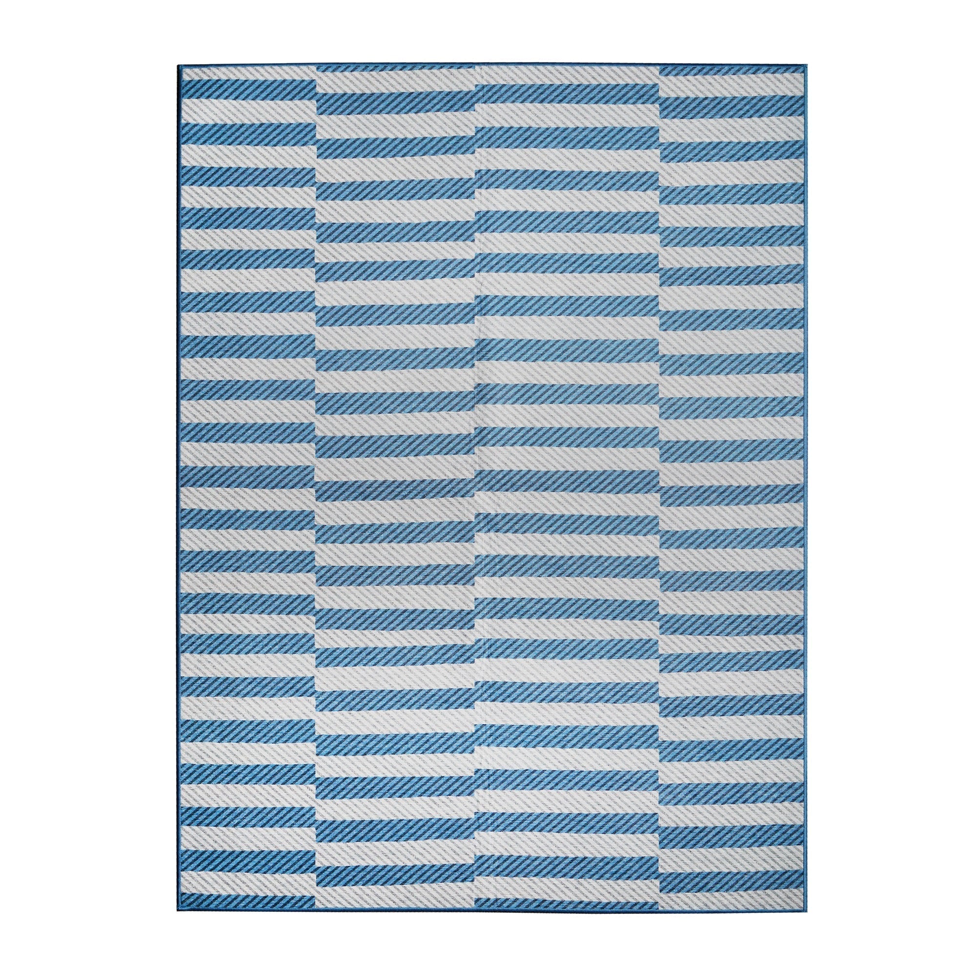 Tratti Offset Stripe Blue Dining Room Washable Rug