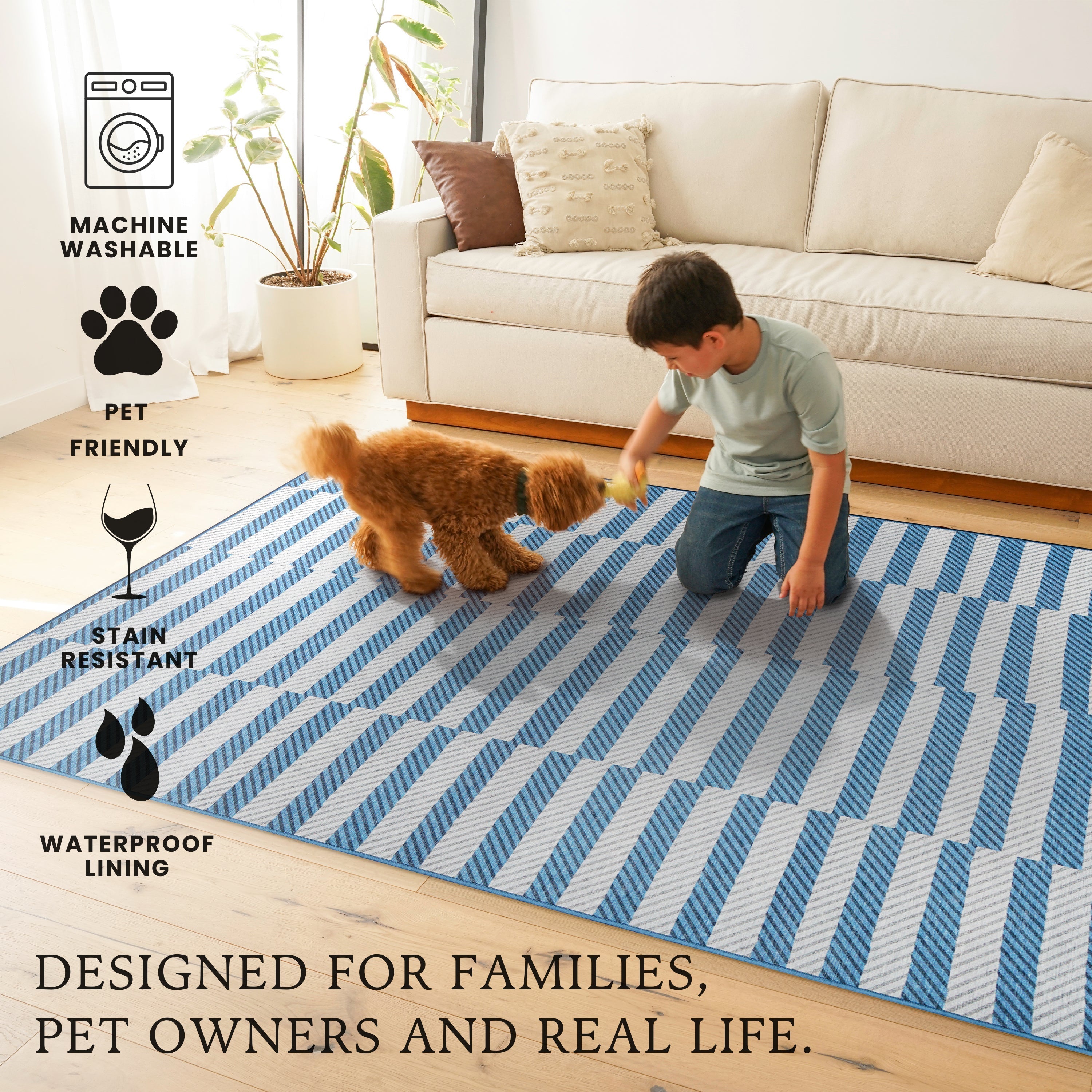 Tratti Offset Stripe Blue Dining Room Washable Rug