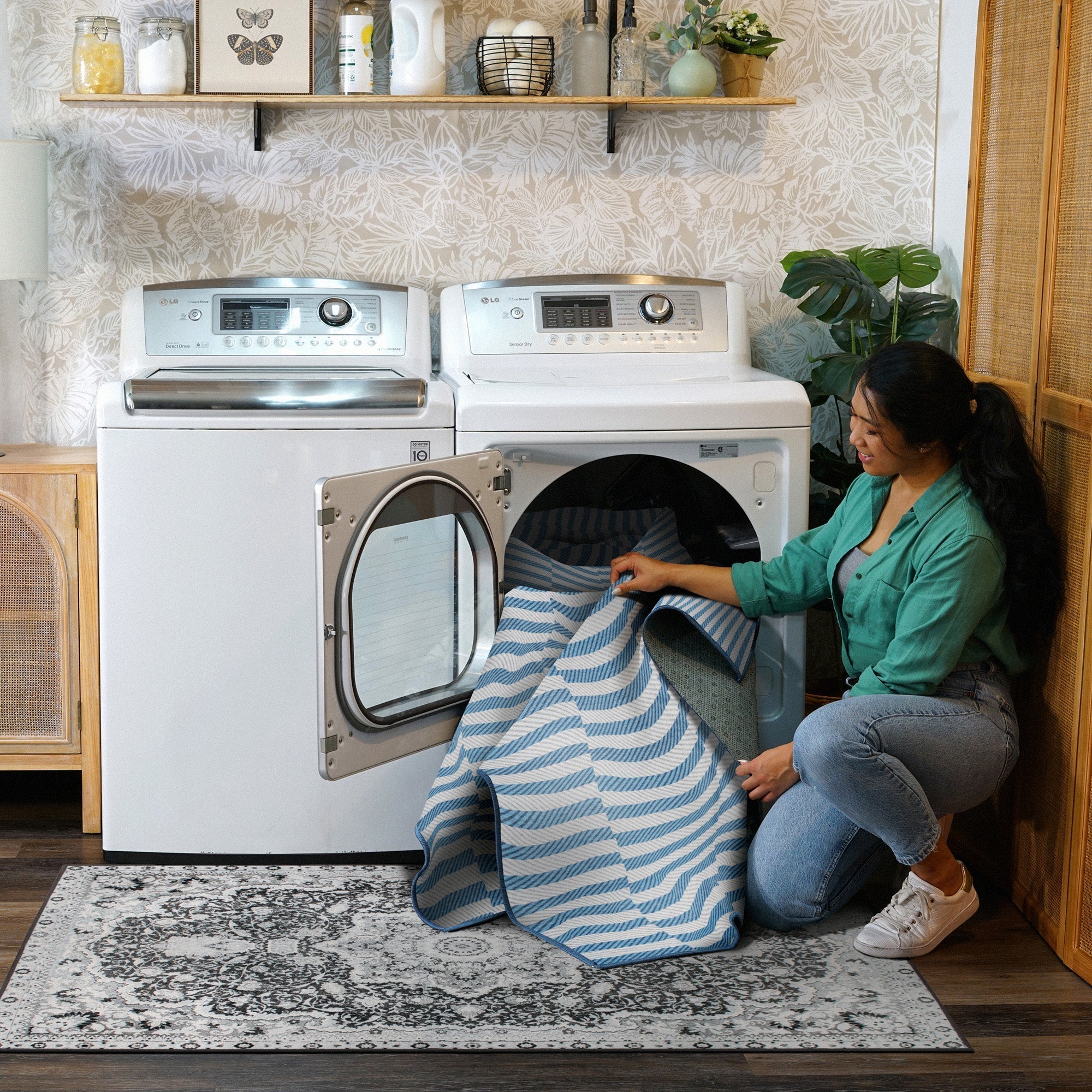 Tratti Offset Stripe Blue Dining Room Washable Rug
