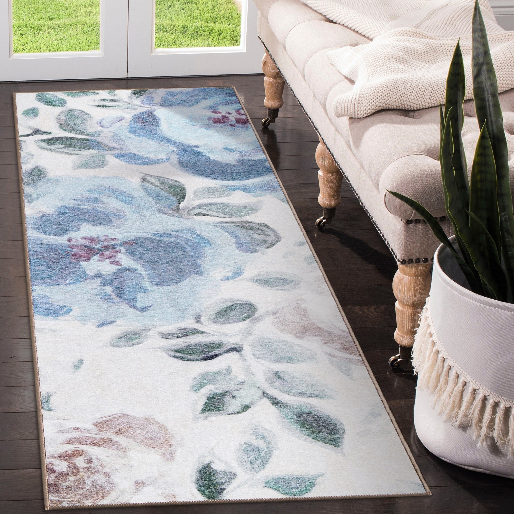 Sasha Floral Cream Blue Dining Room Washable Rug