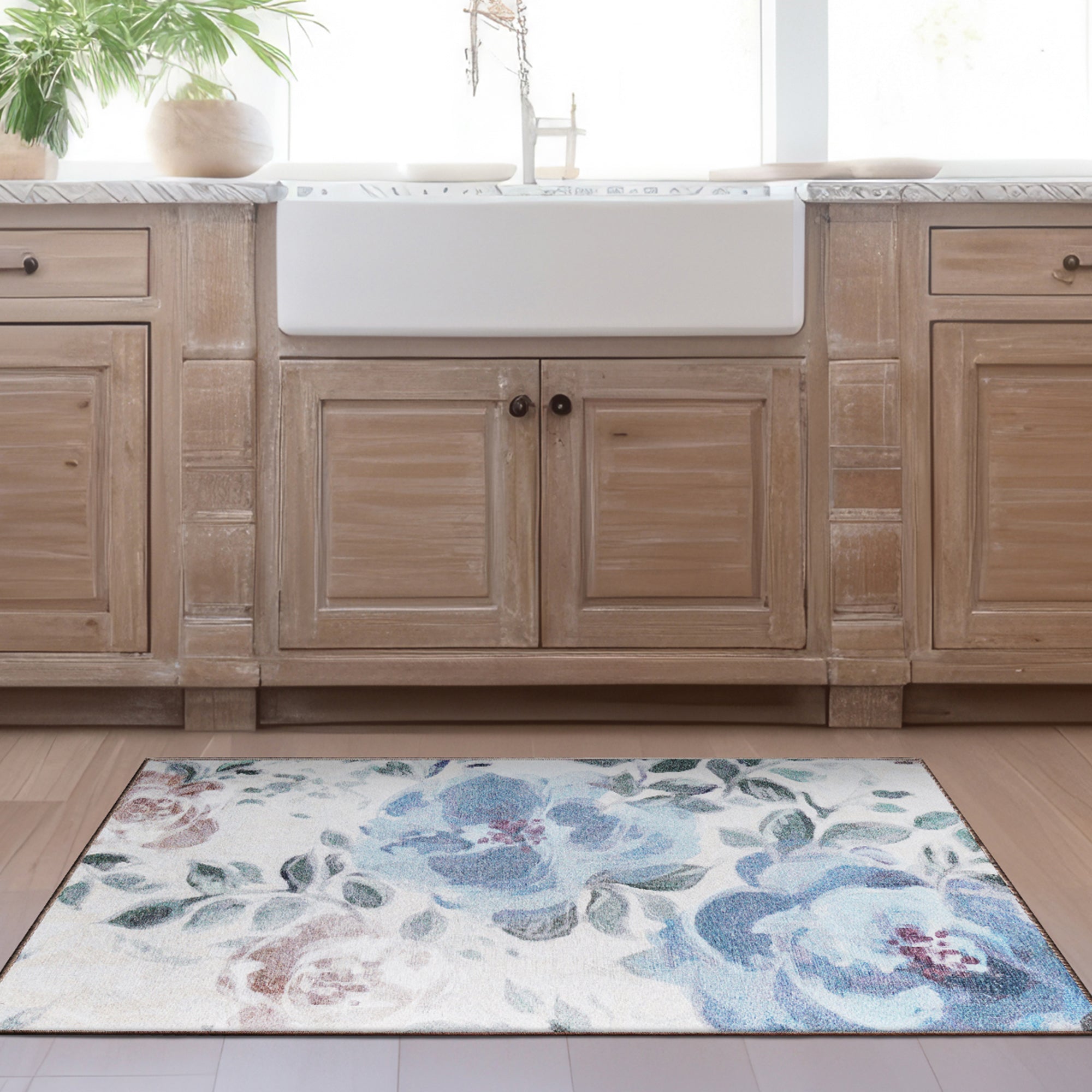 Sasha Floral Cream Blue Dining Room Washable Rug