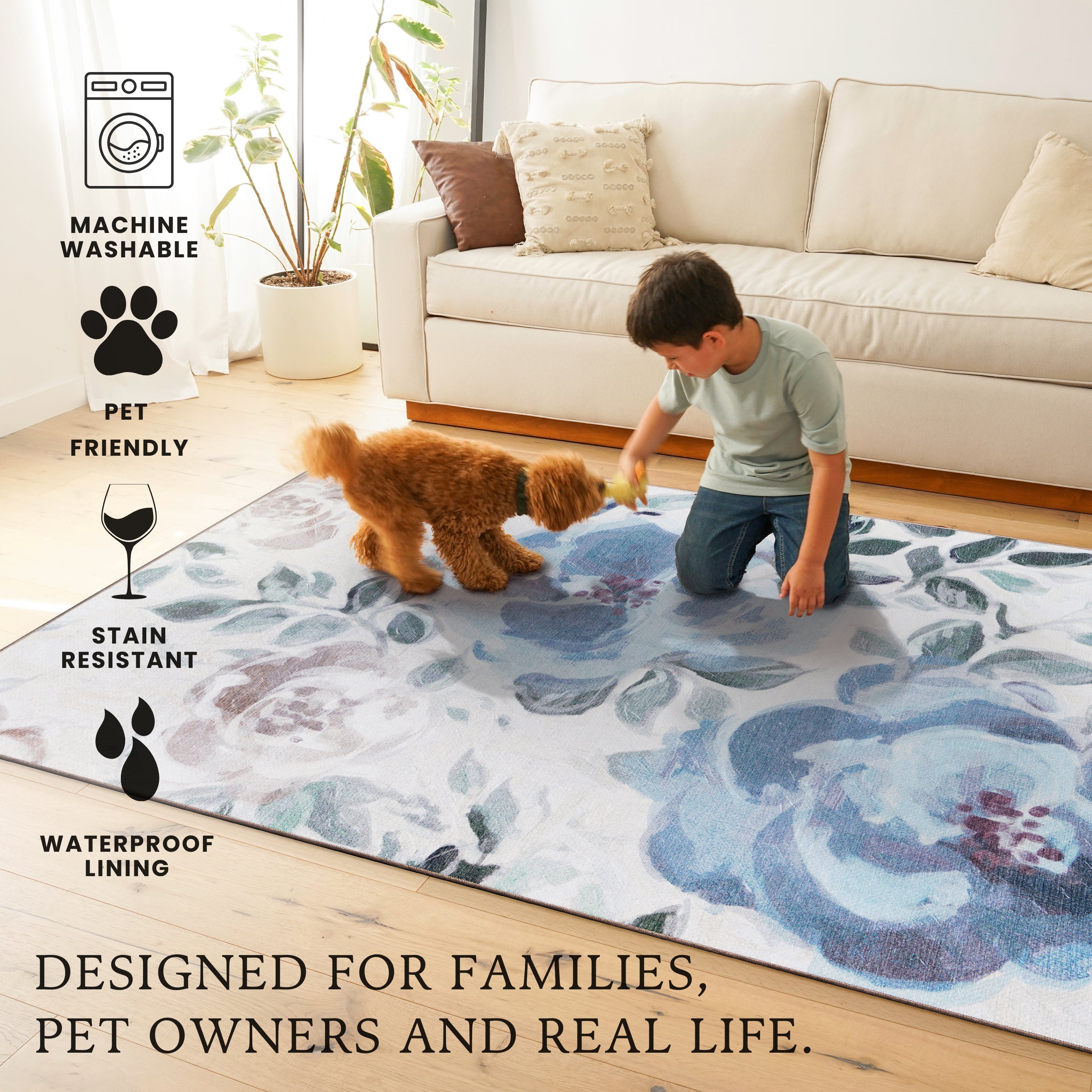 Sasha Floral Cream Blue Dining Room Washable Rug