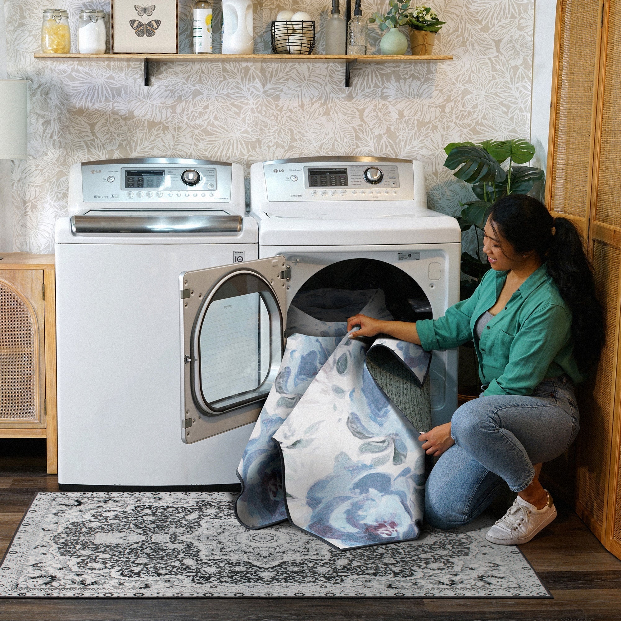 Sasha Floral Cream Blue Dining Room Washable Rug