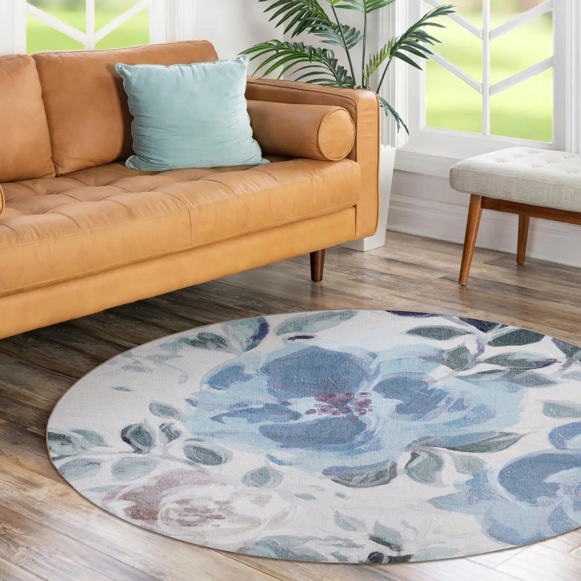 Sasha Floral Cream Blue Dining Room Washable Rug