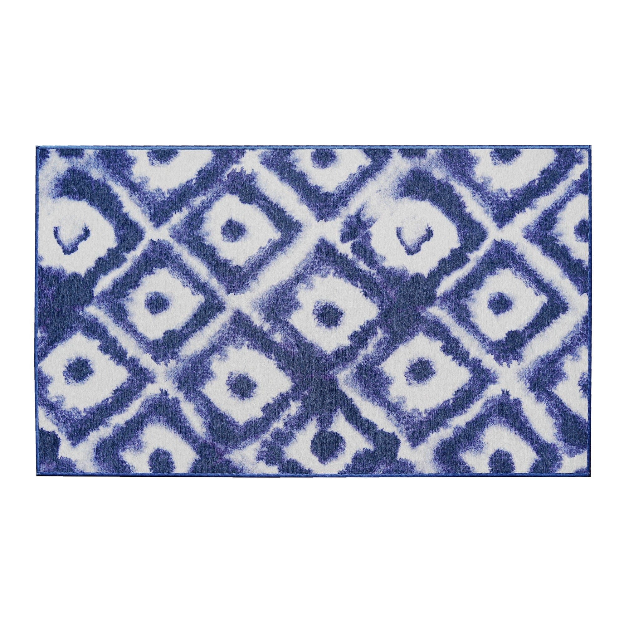 Shibori Geometric Diamond Blue Dining Room Washable Rug