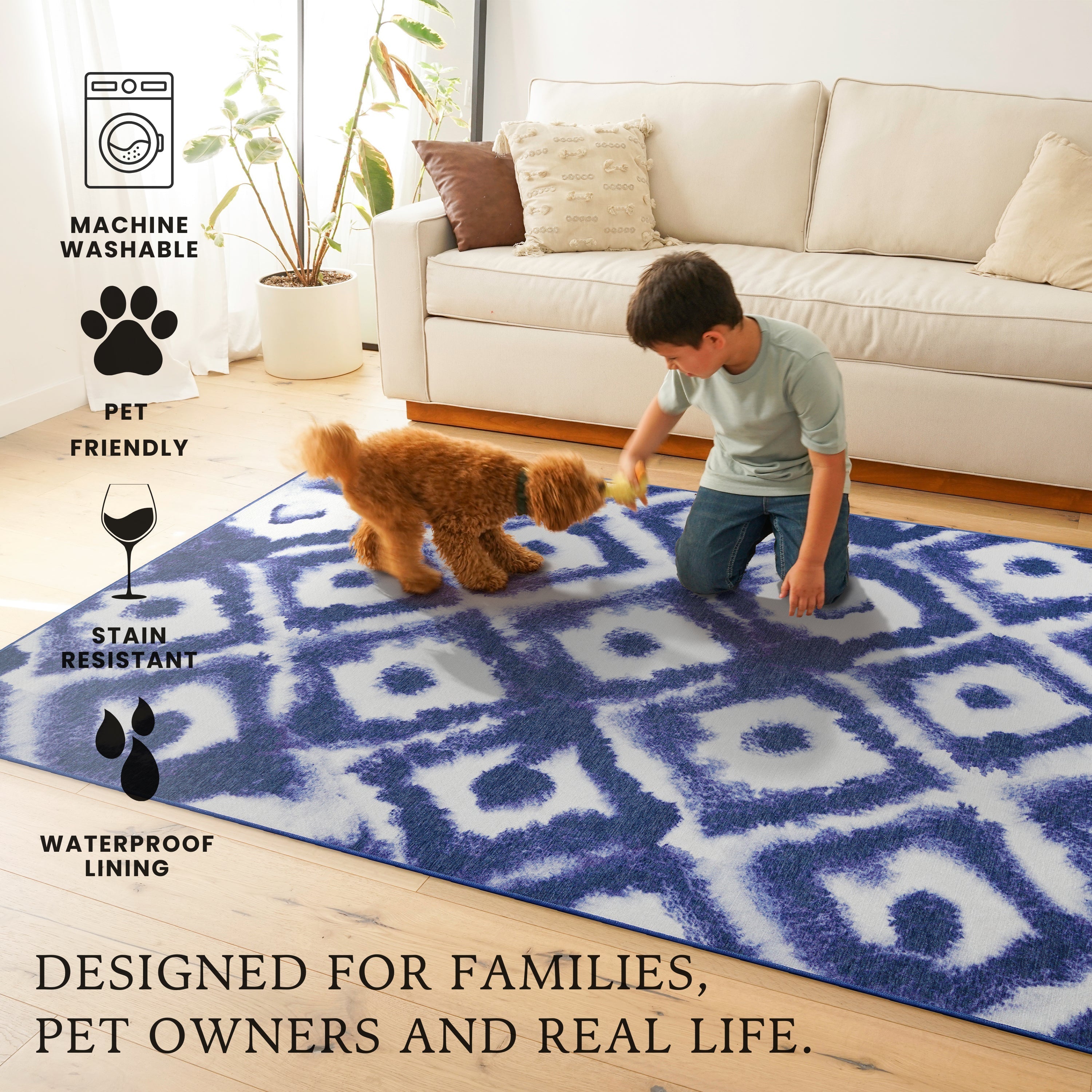 Shibori Geometric Diamond Blue Dining Room Washable Rug