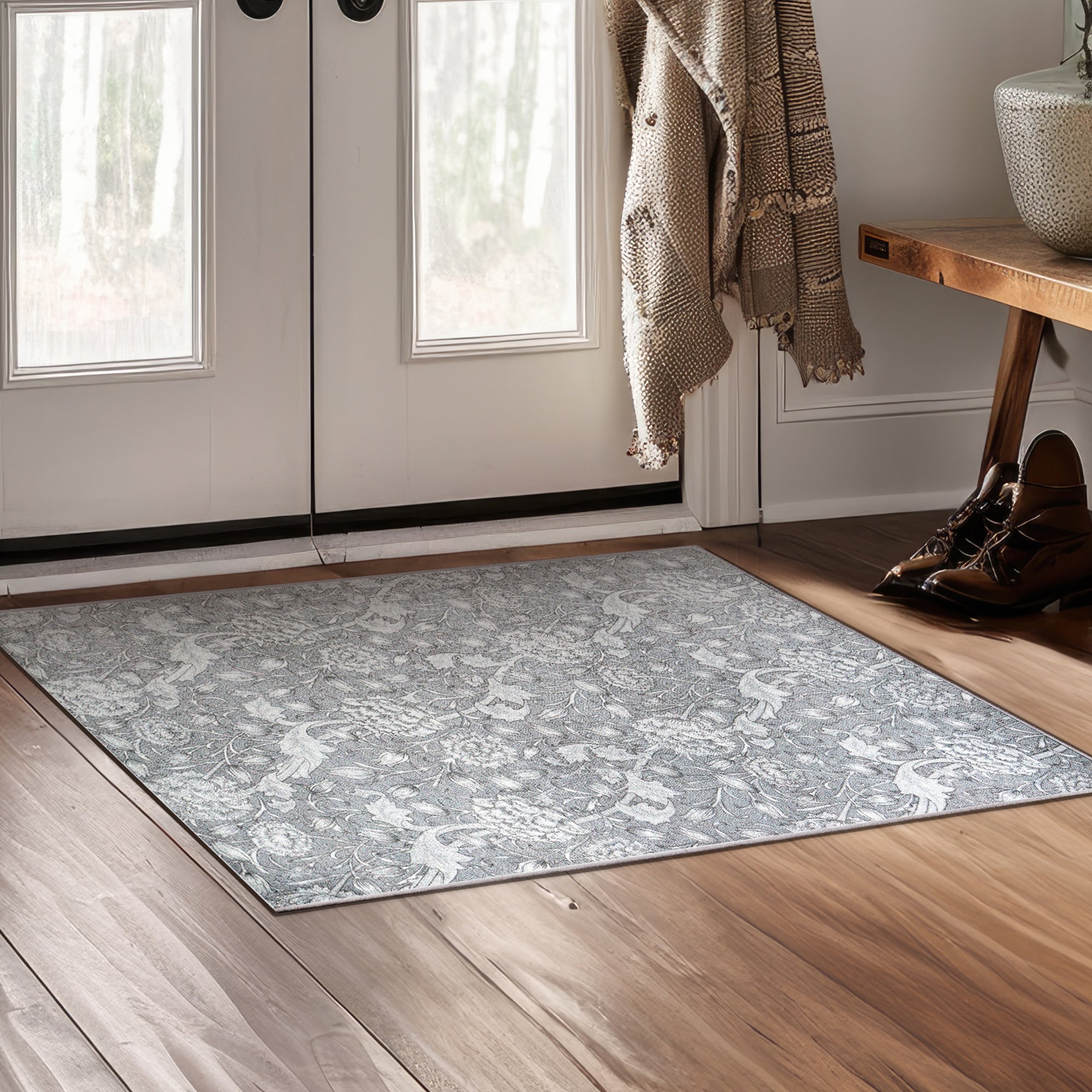 Kalini Floral Grey Dining Room Washable Rug