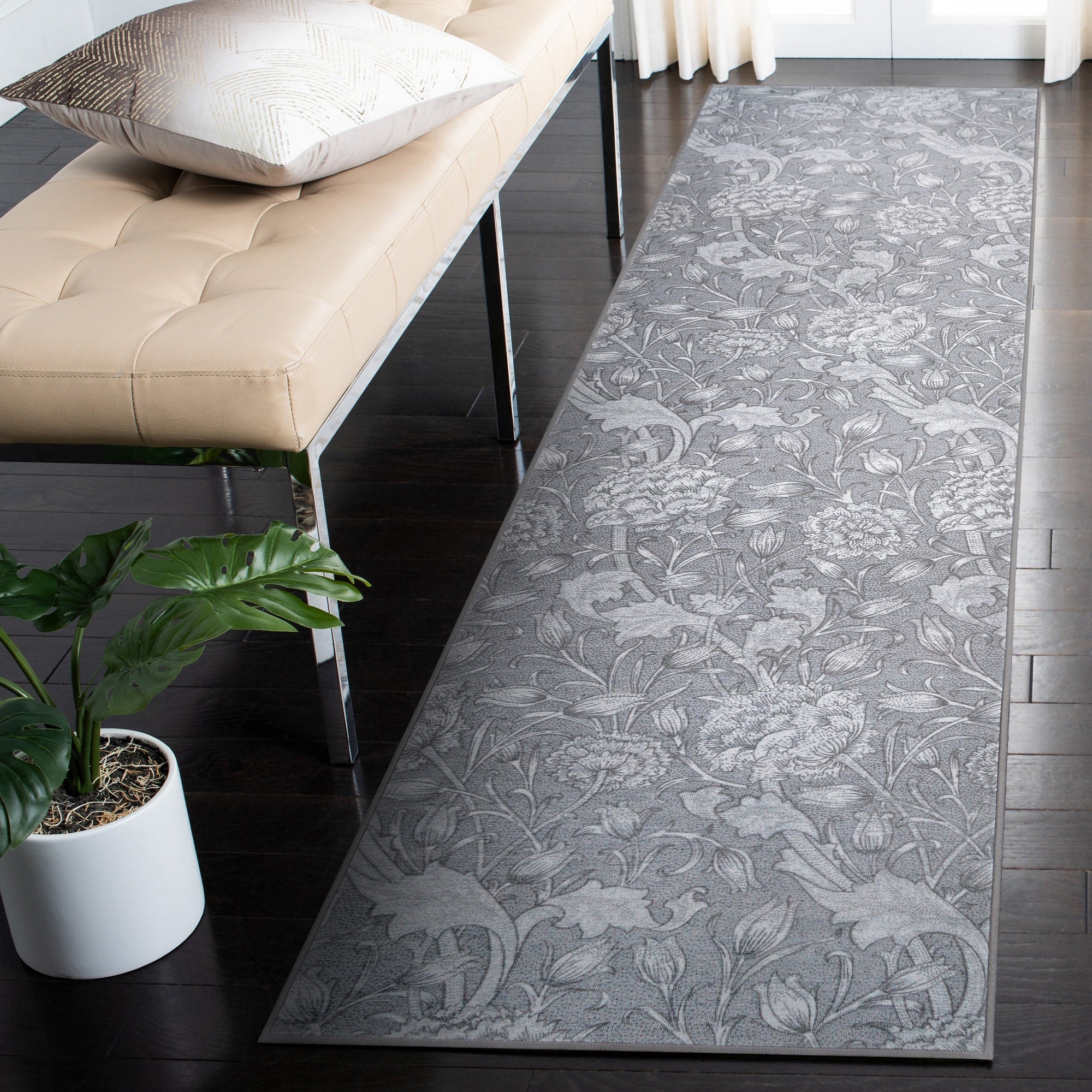 Kalini Floral Grey Dining Room Washable Rug