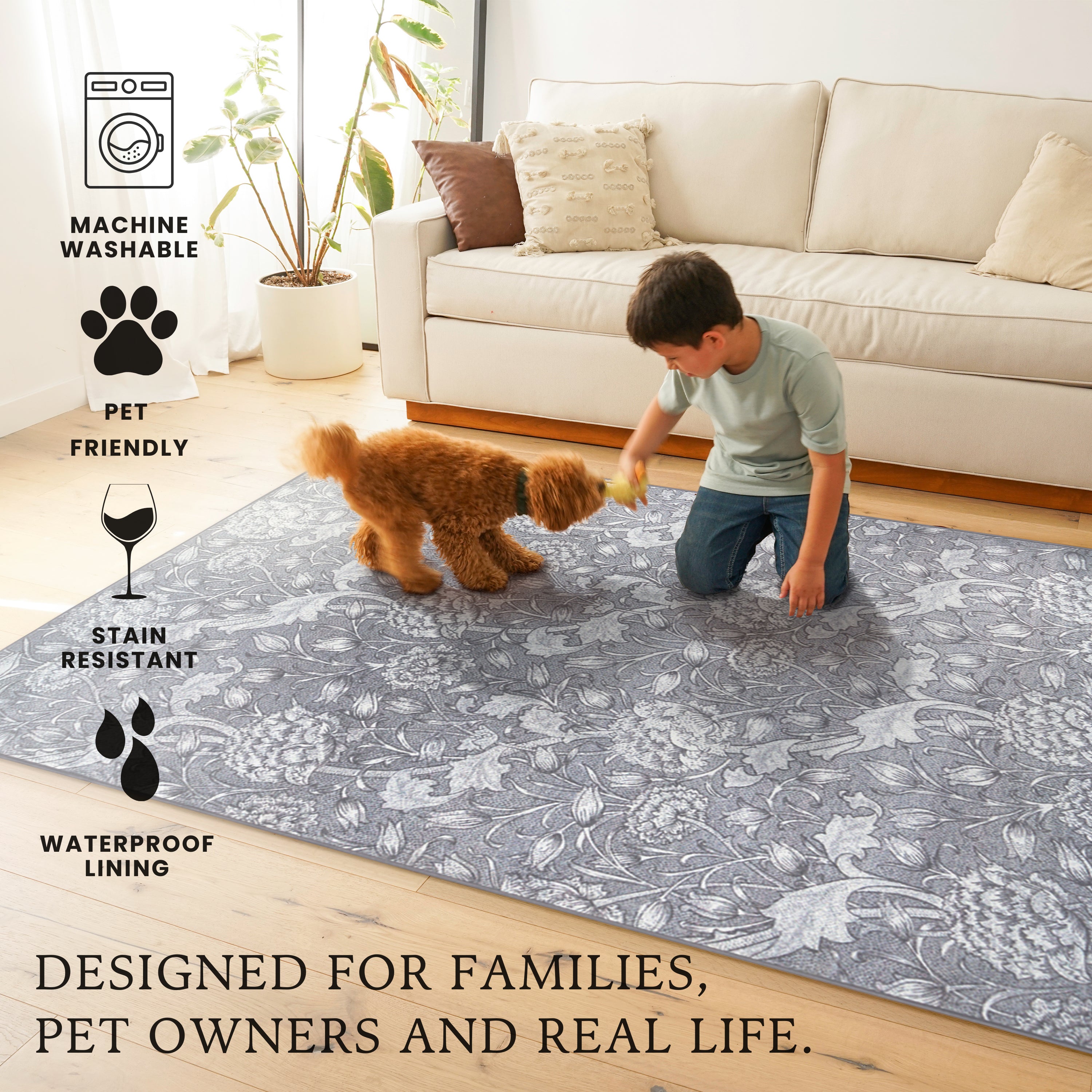 Kalini Floral Grey Dining Room Washable Rug
