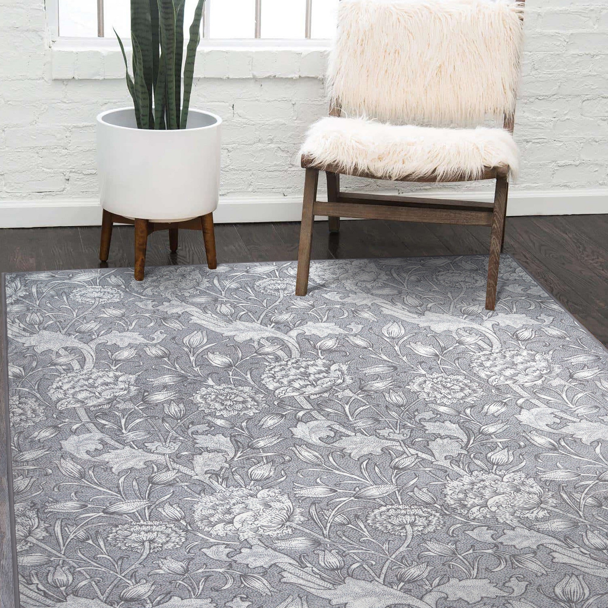 Kalini Floral Grey Dining Room Washable Rug